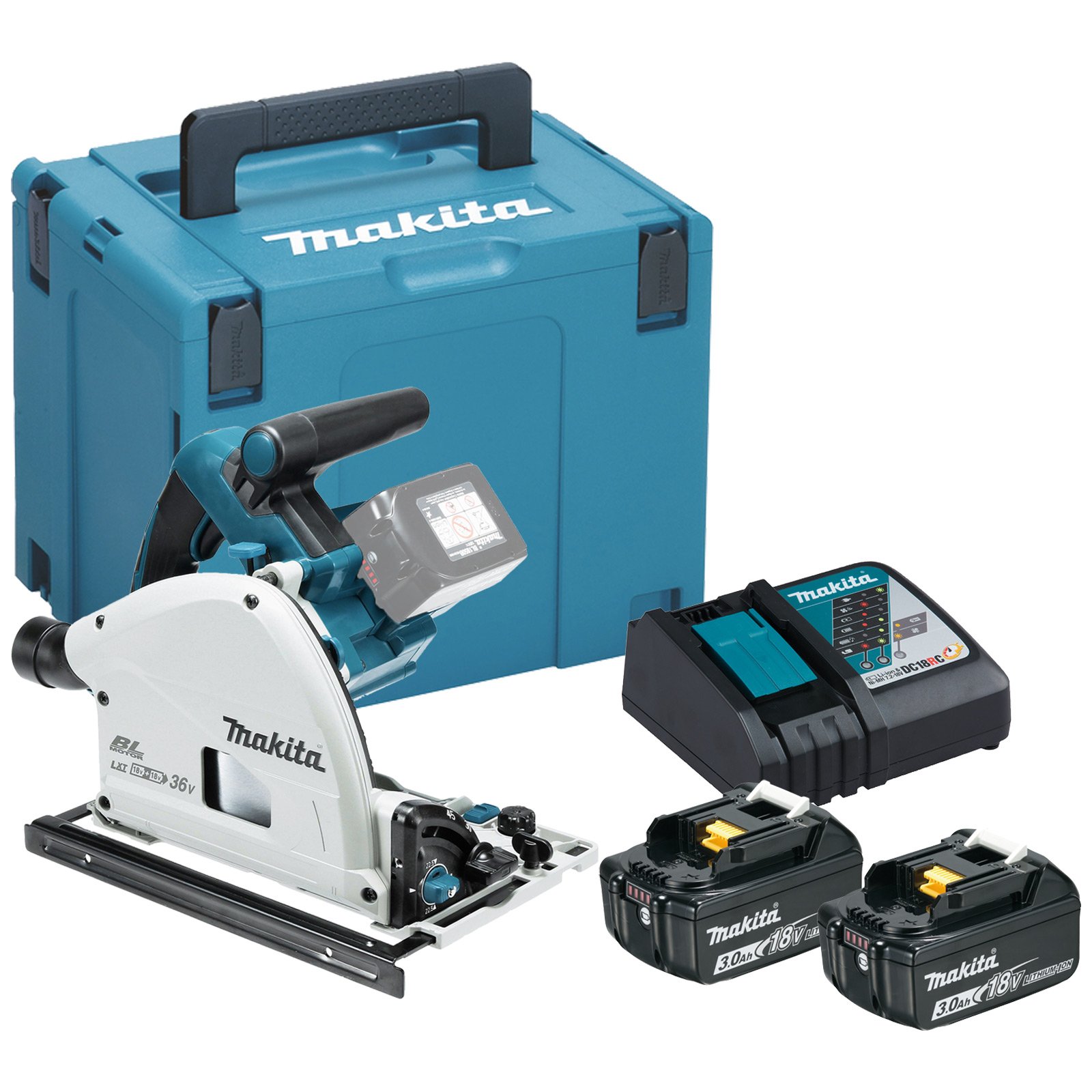 Makita DSP600RFJ Akku-Tauchsäge 2x 18 V / 2x 3,0 Ah Akku + Ladegerät im Makpac