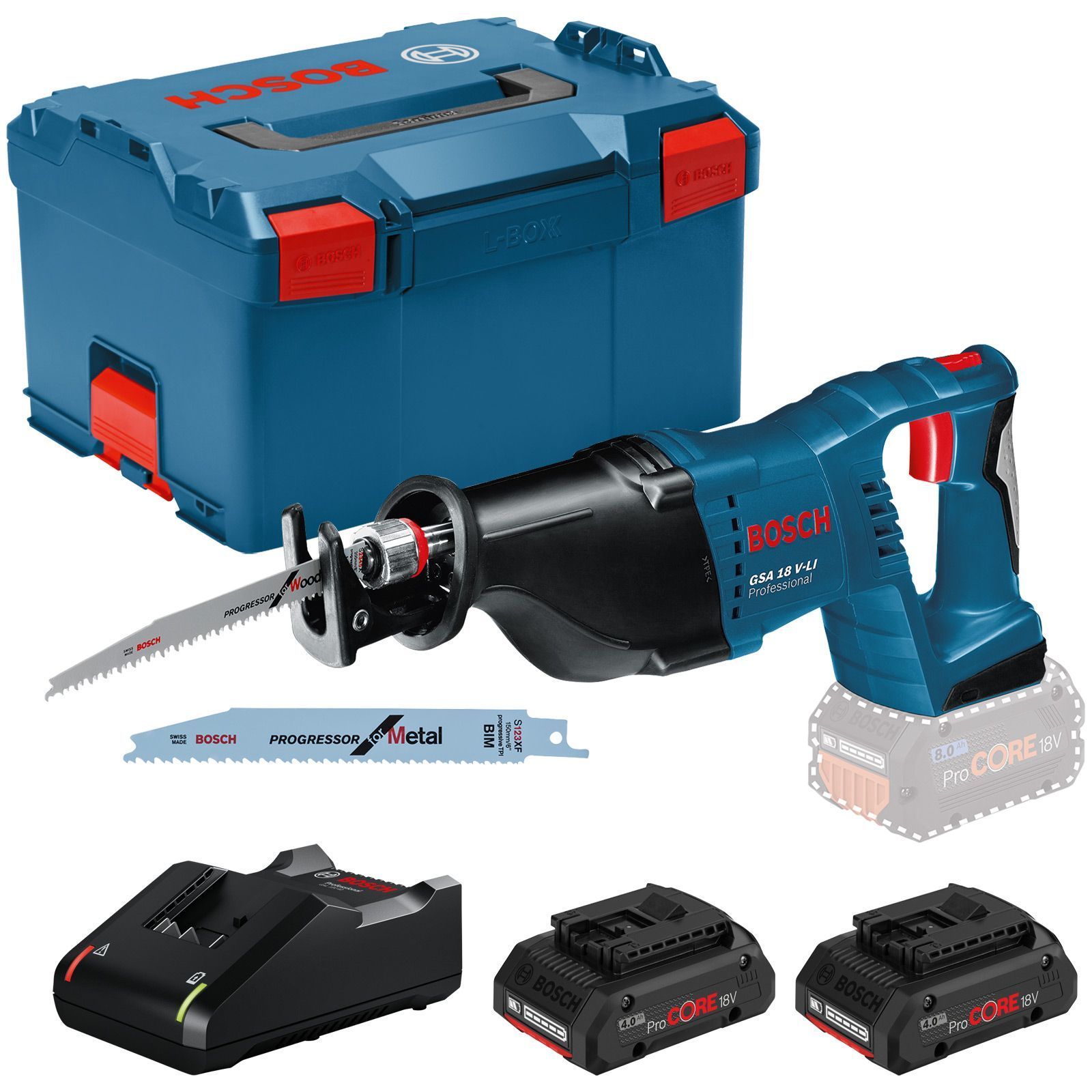 Bosch Akku-Säbelsäge GSA 18V-LI / 2x 4,0 Ah ProCORE Akku + Ladegerät in L-Boxx