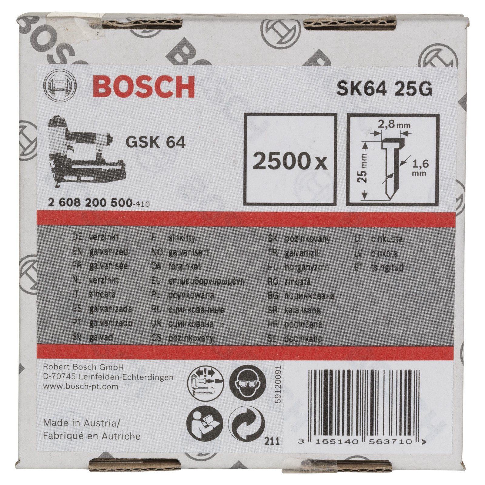 Bosch Senkkopf-Stift SK64 25G, 1,6 mm, 25 mm, verzinkt - 2608200500