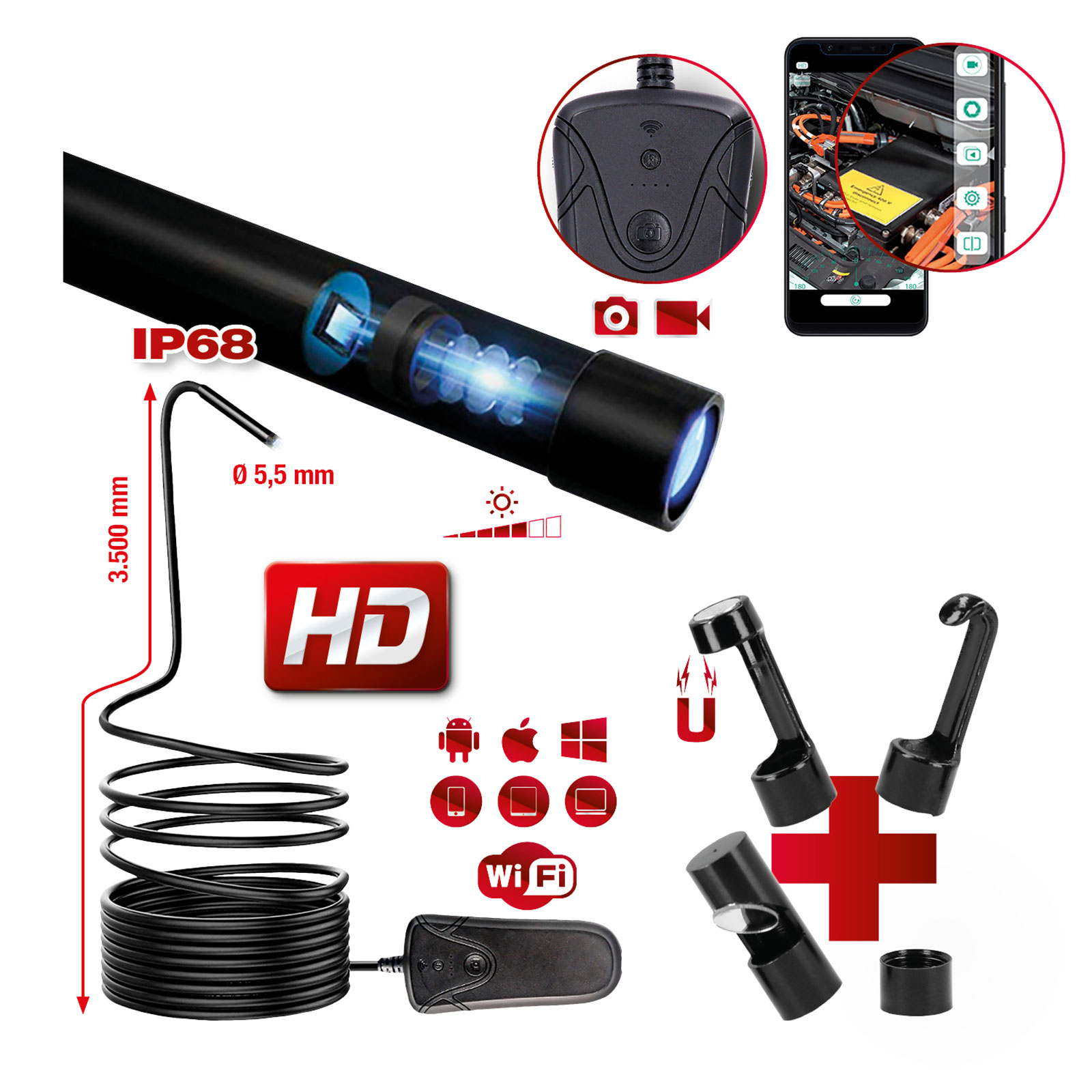 KS TOOLS Wi-Fi-Videoskop-Satz mit Ø 5,5 mm 0° HD Frontkamera-Sonde 5tlg. - 550.7560