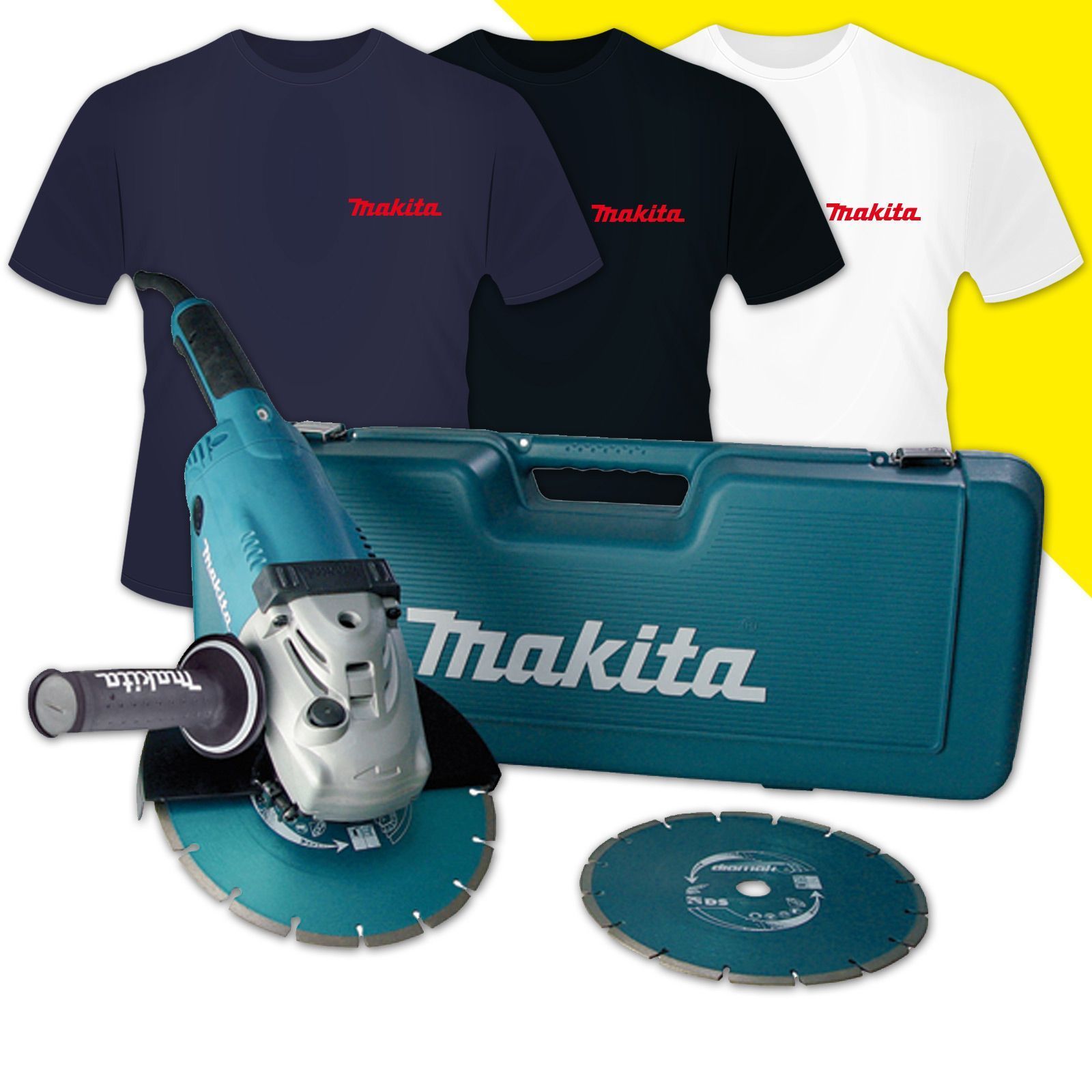 Makita GA9020RFK3 Winkelschleifer Ø 230 mm 2.200 W + 2 Diamantscheiben inkl. T-Shirt mit Makita-Logo