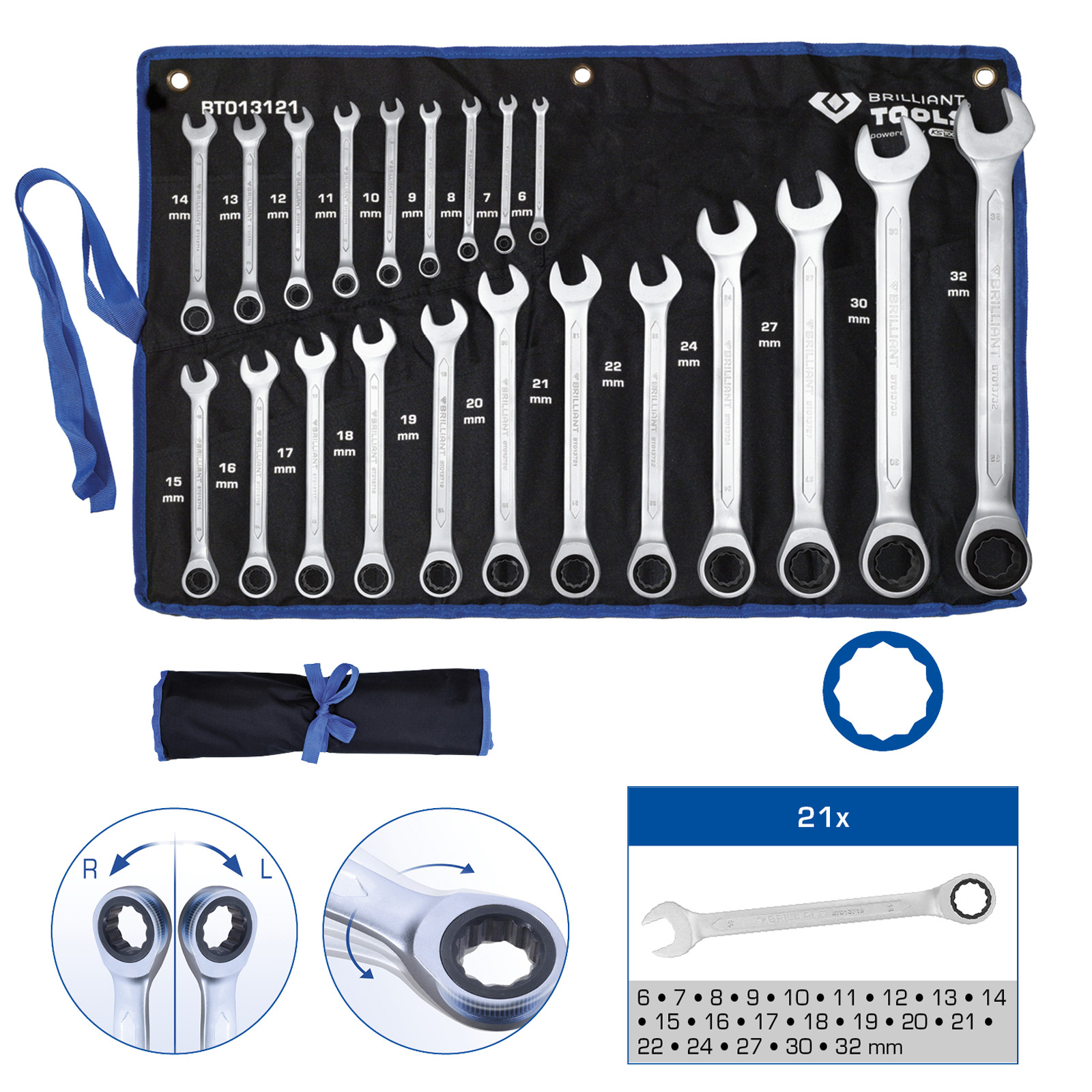 BRILLIANT TOOLS Ratschenringschlüssel-Satz 21tlg. 6 - 32 mm - BT013121