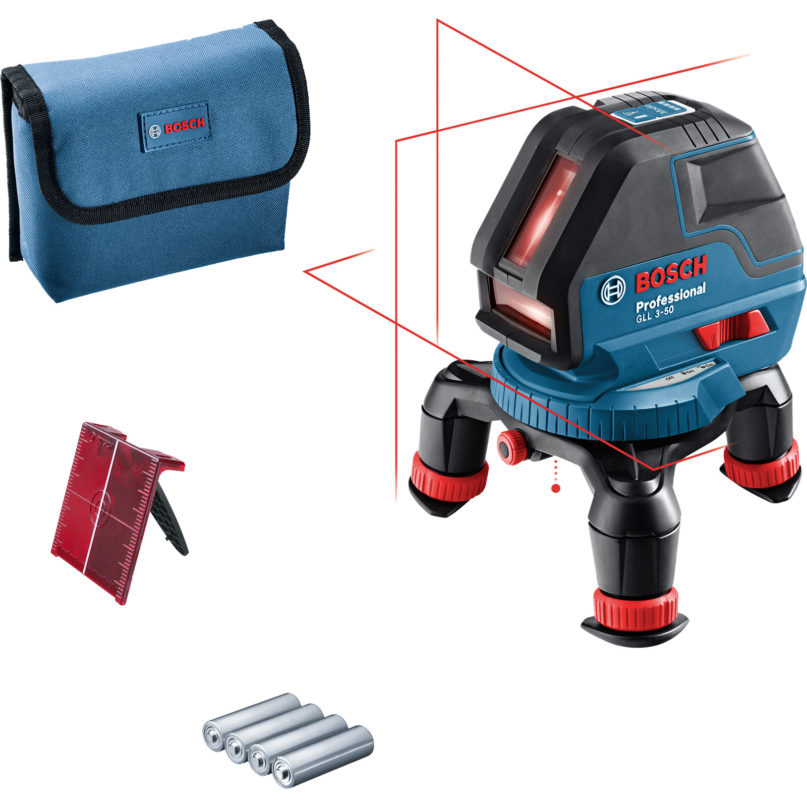 Bosch Linienlaser GLL 3-50 / 4x 1,5 V-LR6-Batterie inkl. Laserzieltafel in Tasche - 0601063800