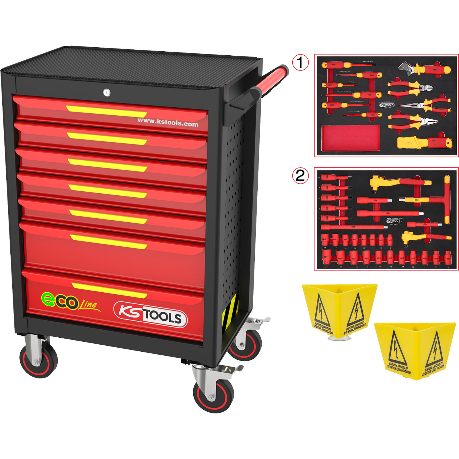 KS TOOLS ECOline Werkstattwagen mit 42 isolierten Werkzeugen für Hybrid- und Elektrofahrzeuge - 117.6144