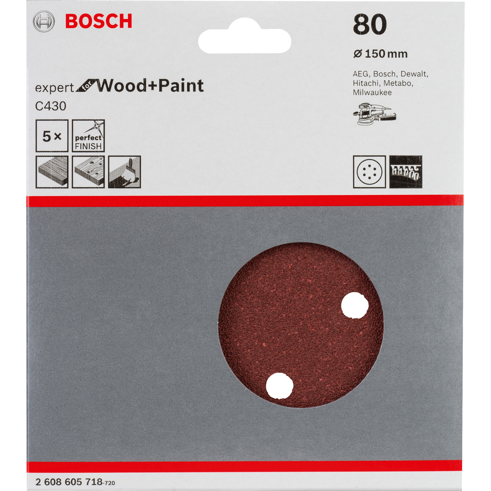 Bosch 5x Schleifblatt C430 Expert for Wood 6 Löcher Klett 150 mm K80 - 2608605718