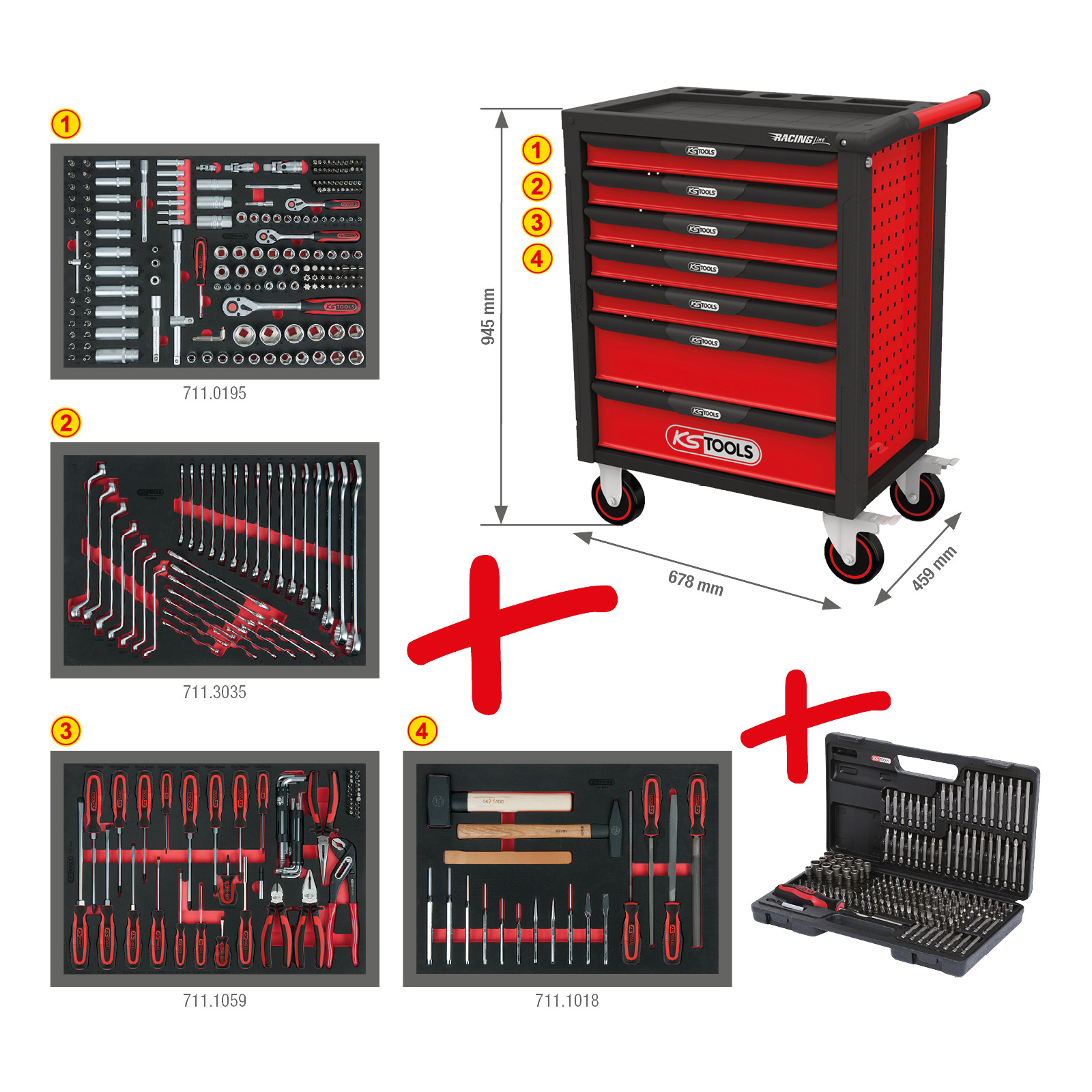 KS TOOLS Racingline schwarz/rot Werkstattwagen mit 7 Schubladen und 515 Premium-Werkzeugen - 826.7515