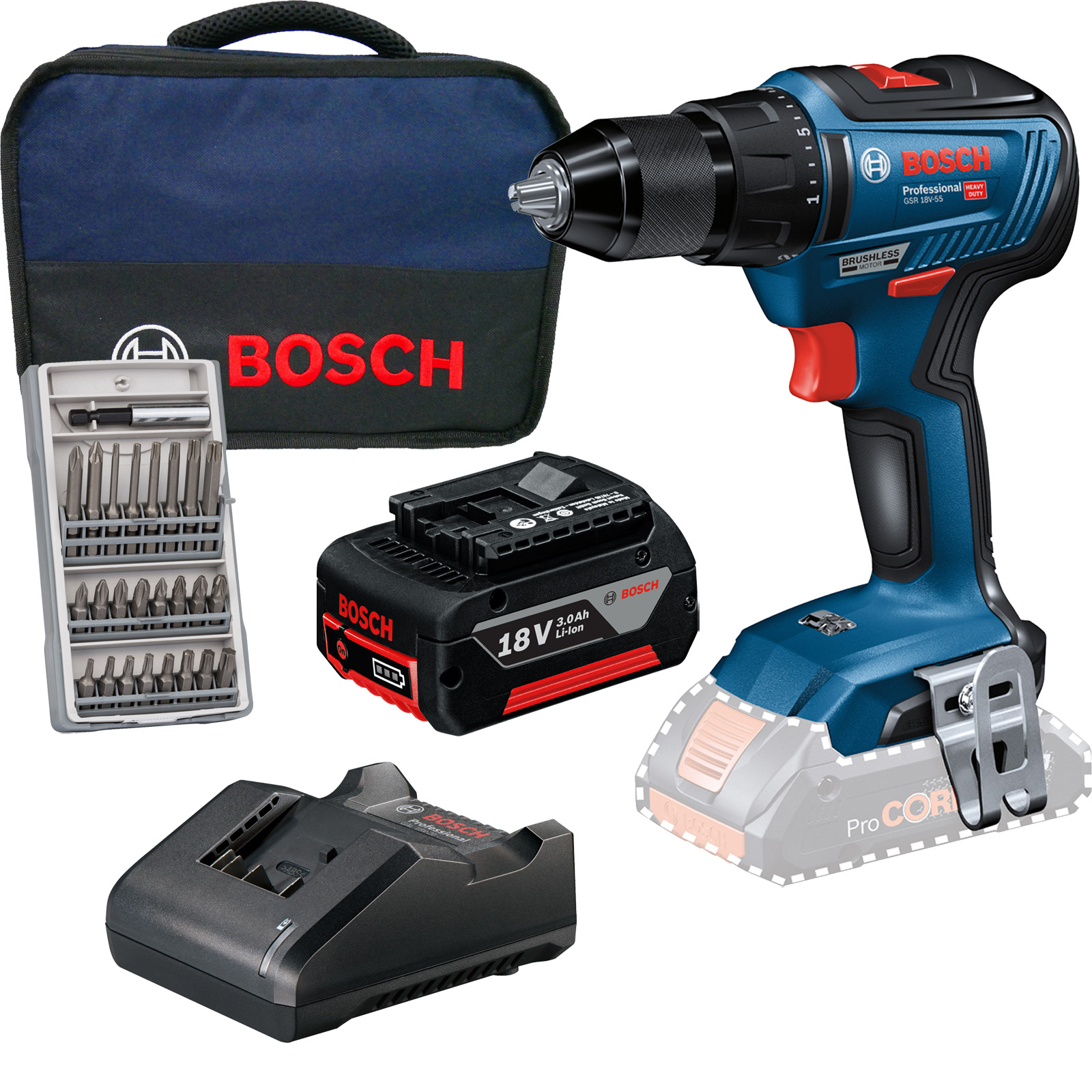 Bosch Akku-Bohrschrauber GSR 18V-55 / 1x 3,0 Ah Akku + Ladegerät + Bit-Set in Softbag