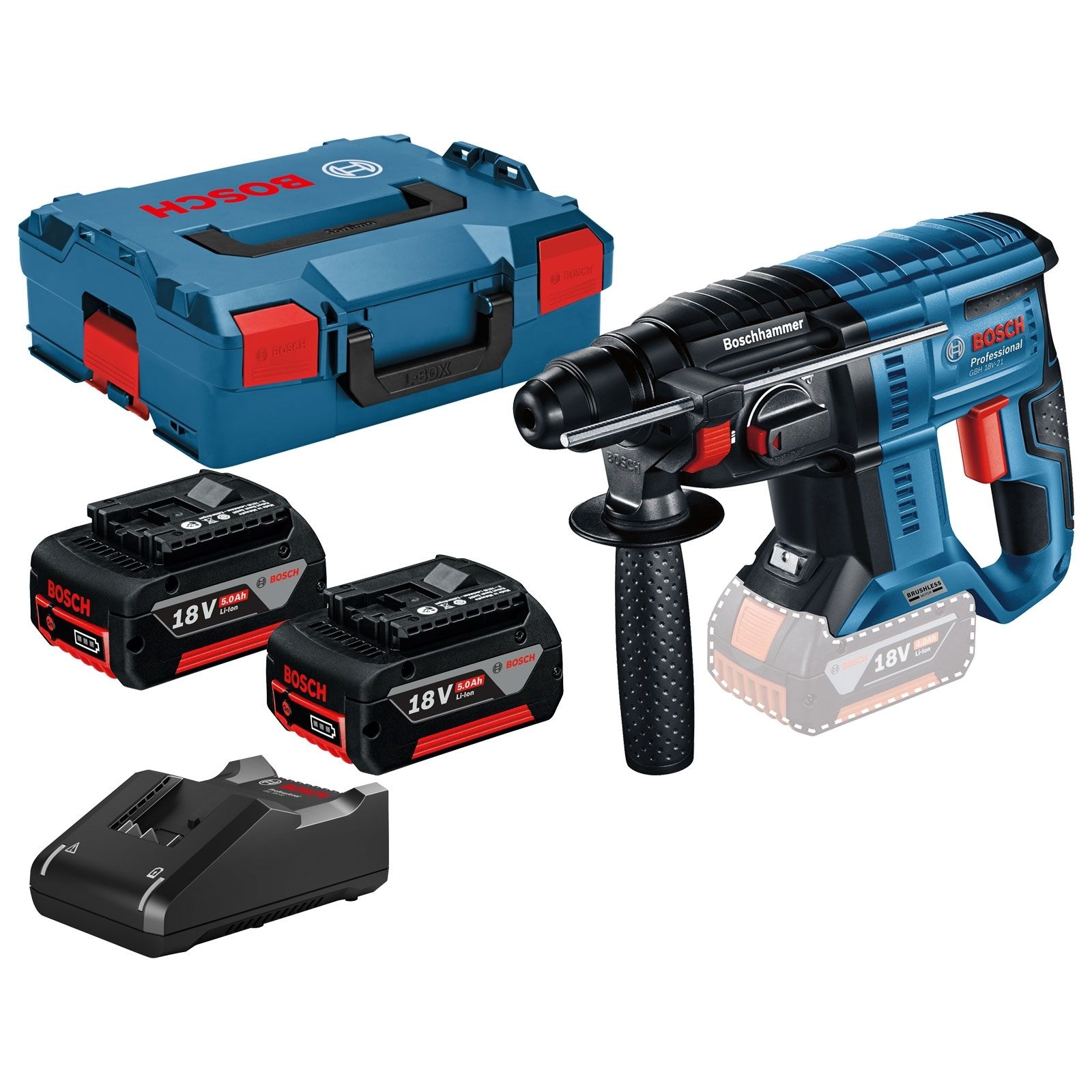 Bosch Akku-Bohrhammer GBH 18V-21 mit SDS plus / 2x 5,0 Ah Akku + Ladegerät in L-Boxx