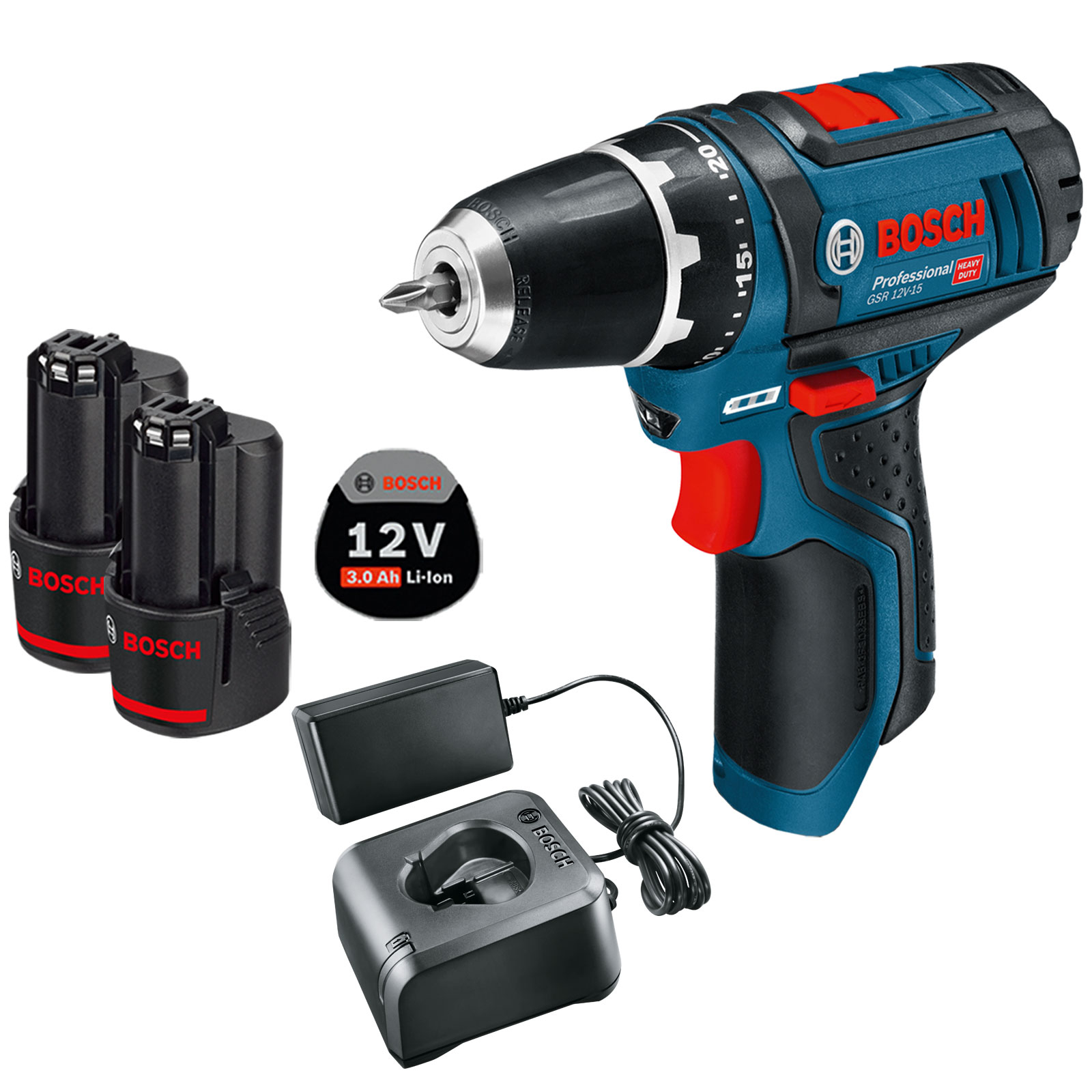 Bosch Akku-Bohrschrauber GSR 12V-15 / 2x 3,0 Ah Akku + Ladegerät 