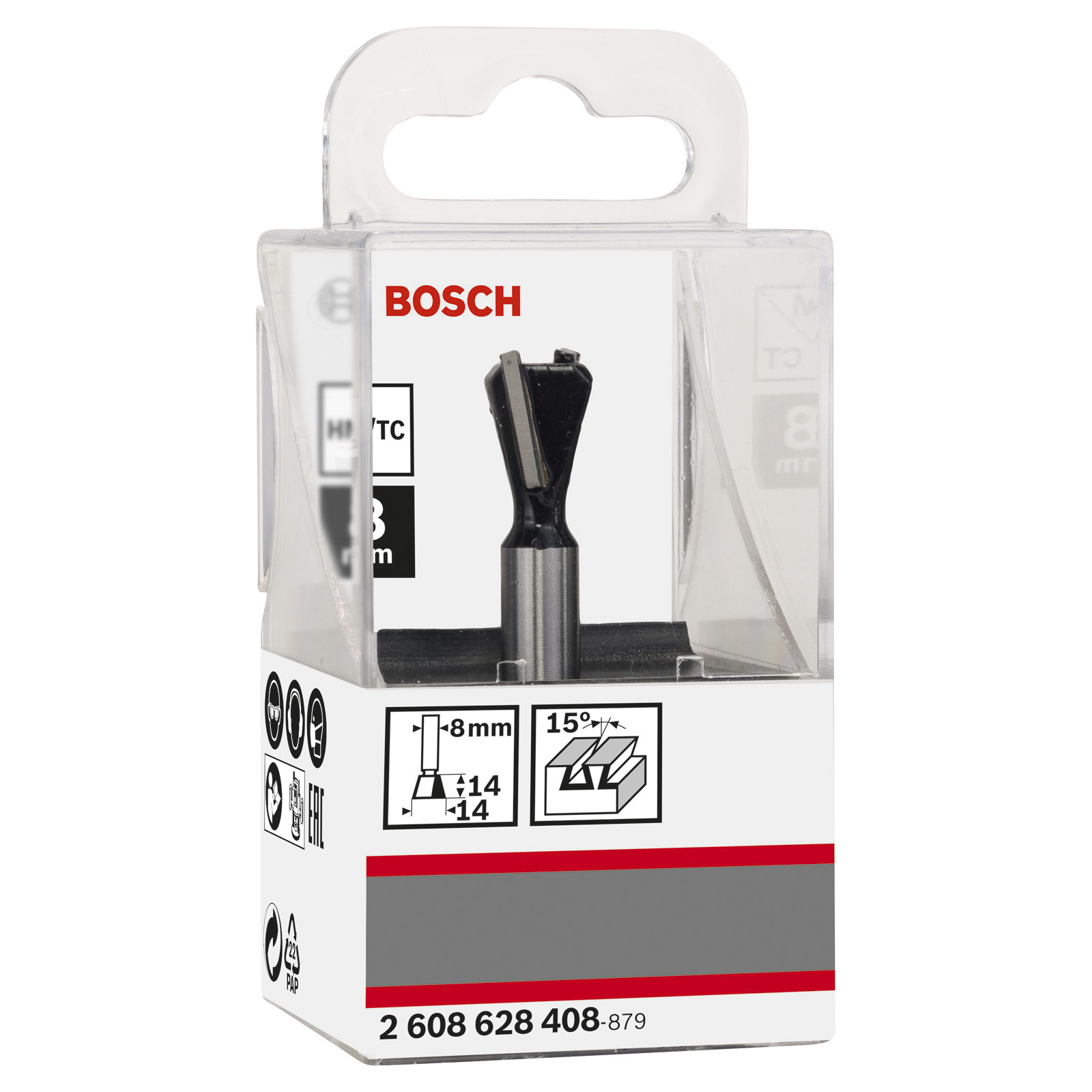 Bosch Zinkenfräser, 8 mm, D1 14,3 mm, L 12,7 mm, G 48 mm, 14° - 2608628408