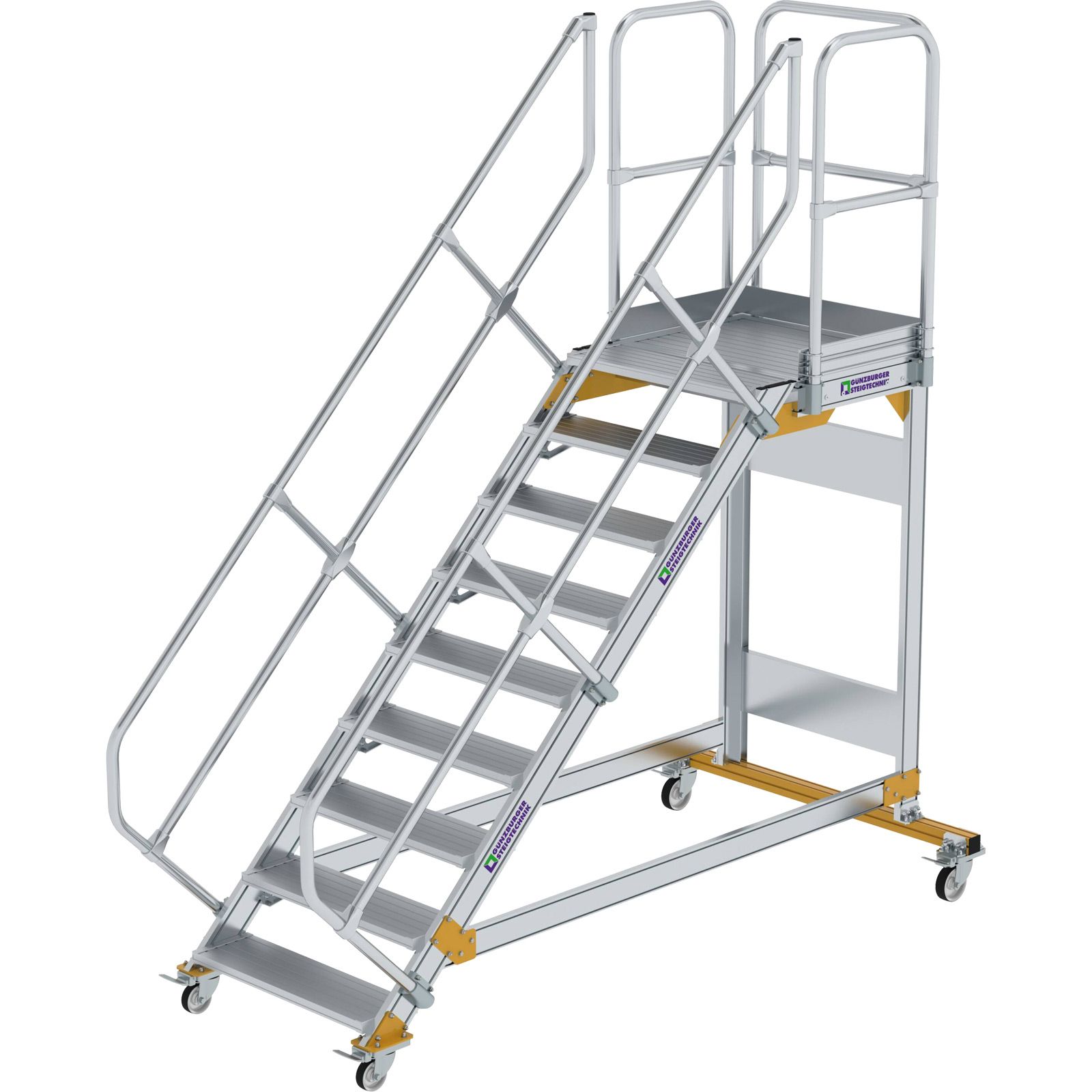 Günzburger Steigtechnik Plattformtreppe 45° fahrbar Stufenbreite 0,8 m 9 Stufen Aluminium geriffelt - 600789