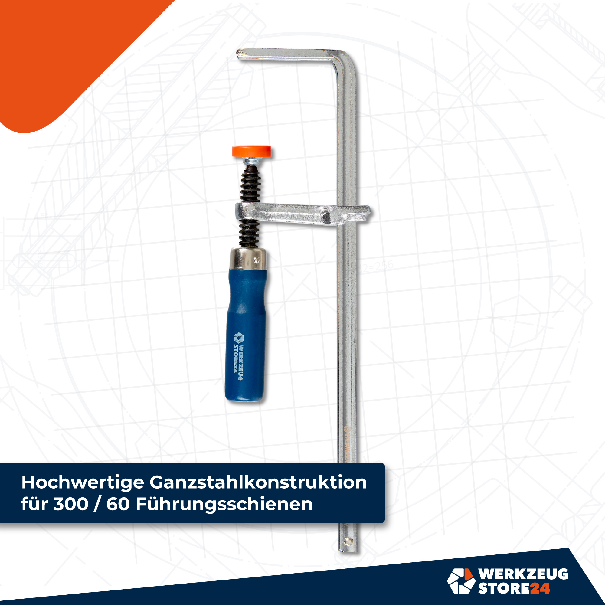 WS24 Tischzwinge Ganzstahl mit Holzgriff 300 / 60 für Führungsschiene - WS24-100105