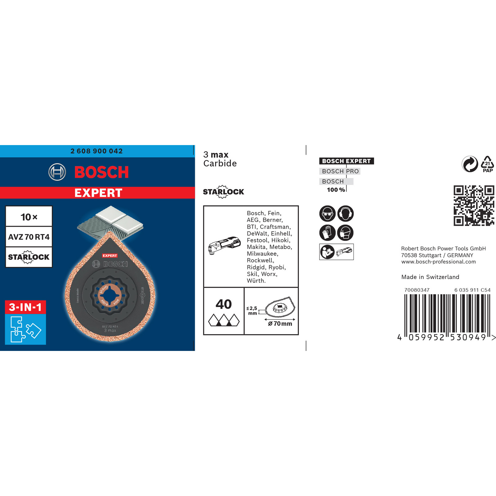 Bosch 10x Expert 3 max AVZ 70 RT4 Starlock Platte zum Entfernen von Fugen für Multifunktionswerkzeuge 70 mm - 2608900042