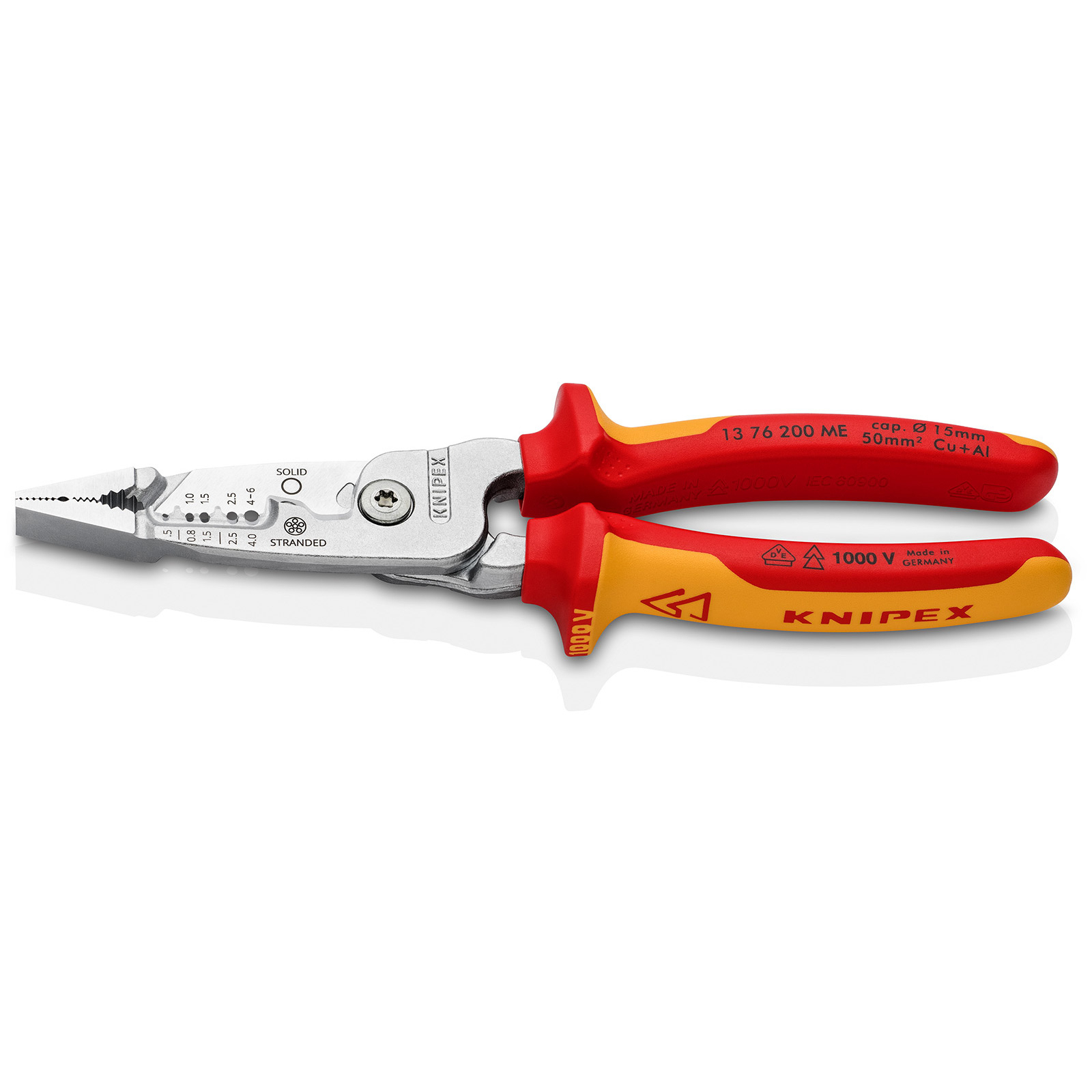 Knipex Multifunktions-Elektrikerzange metrisches Modell isoliert mit Mehrkomponenten-Hüllen VDE-geprüft verchromt 200 mm - 1376200ME