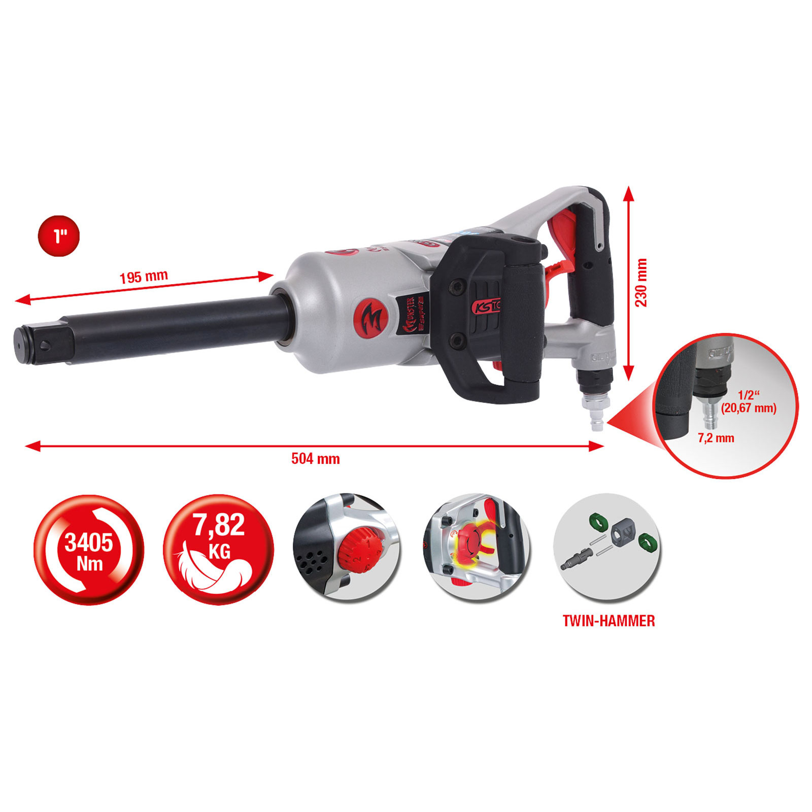 KS TOOLS 1" superMONSTER Hochleistungs-Druckluft-Schlagschrauber 3.405 Nm 504 mm - 515.3280