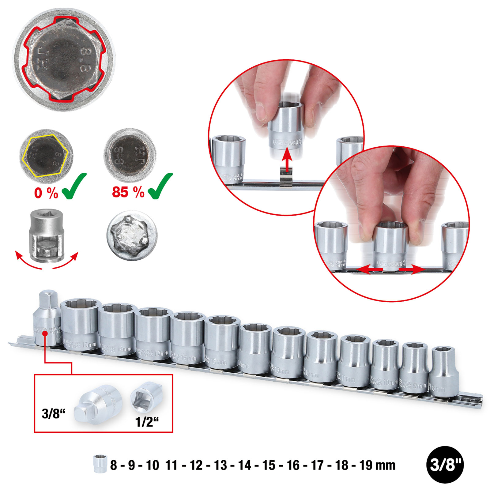 KS TOOLS 3/8" RESCUEpower Stecknuss-Satz 13tlg. 8-19 mm - 913.3930