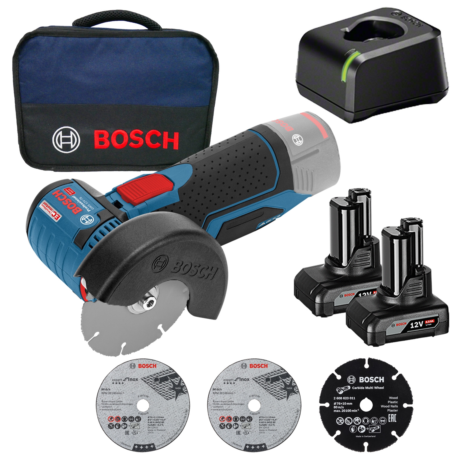 Bosch Akku-Winkelschleifer GWS 12V-76 Ø 76 mm / 2x 4,0 Ah Akku + Ladegerät im Softbag