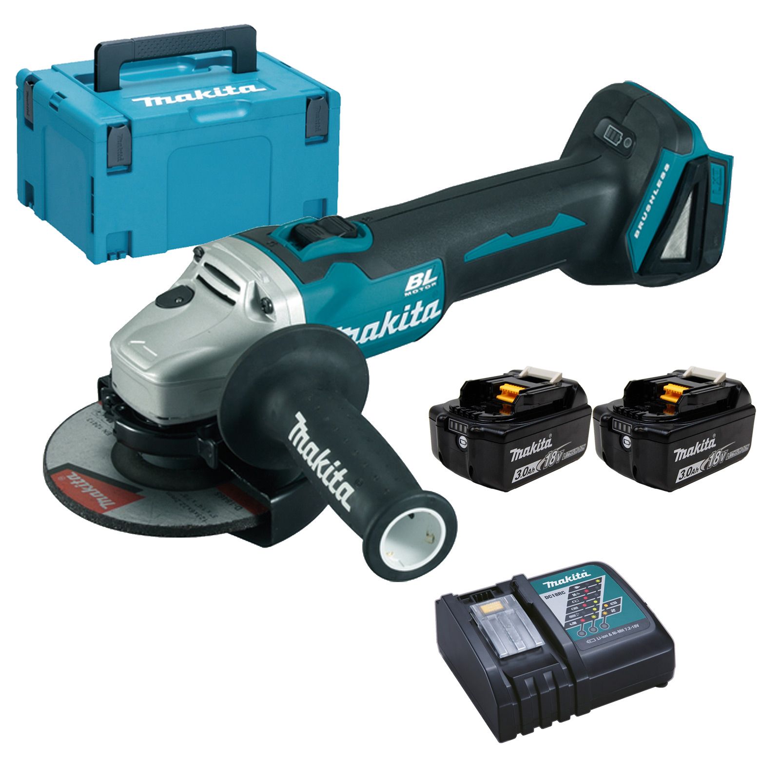 Makita DGA504RFJ Akku-Winkelschleifer Ø 125 mm 18 V / 2x 3,0 Ah Akku + Ladegerät im Makpac