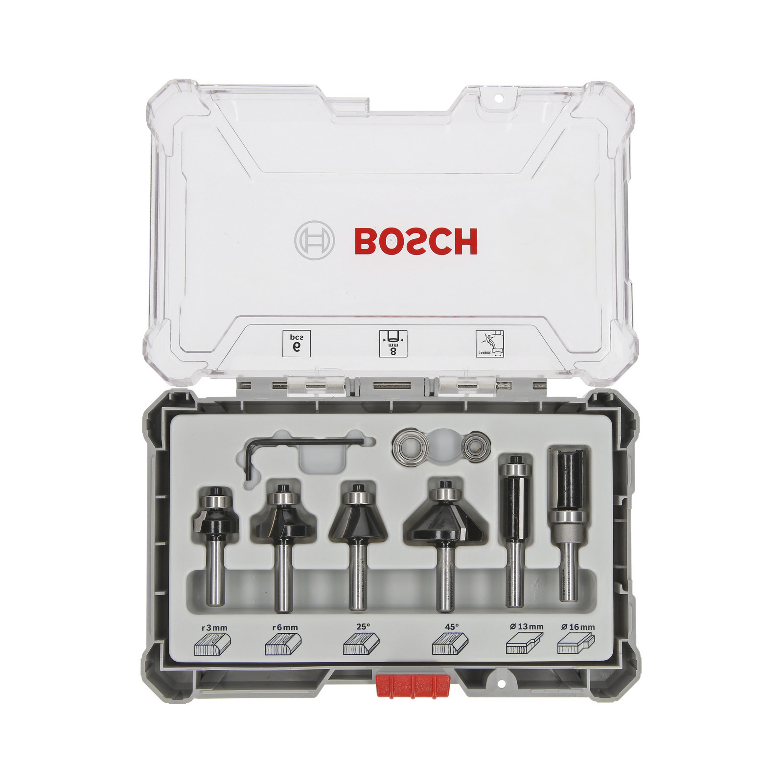 Bosch 6tlg. Trim&Edging Set 8mm Schaft geeignet für Kantenfräse GKF - 2607017469