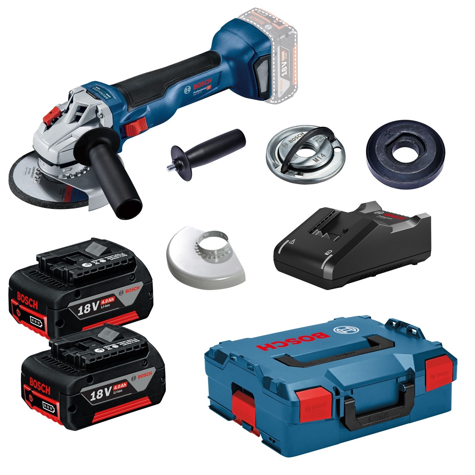 Bosch Akku-Winkelschleifer GWS 18V-10 Ø 125 mm / 2x 4,0 Ah Akku + Ladegerät inkl. Zubehör-Set in L-Boxx