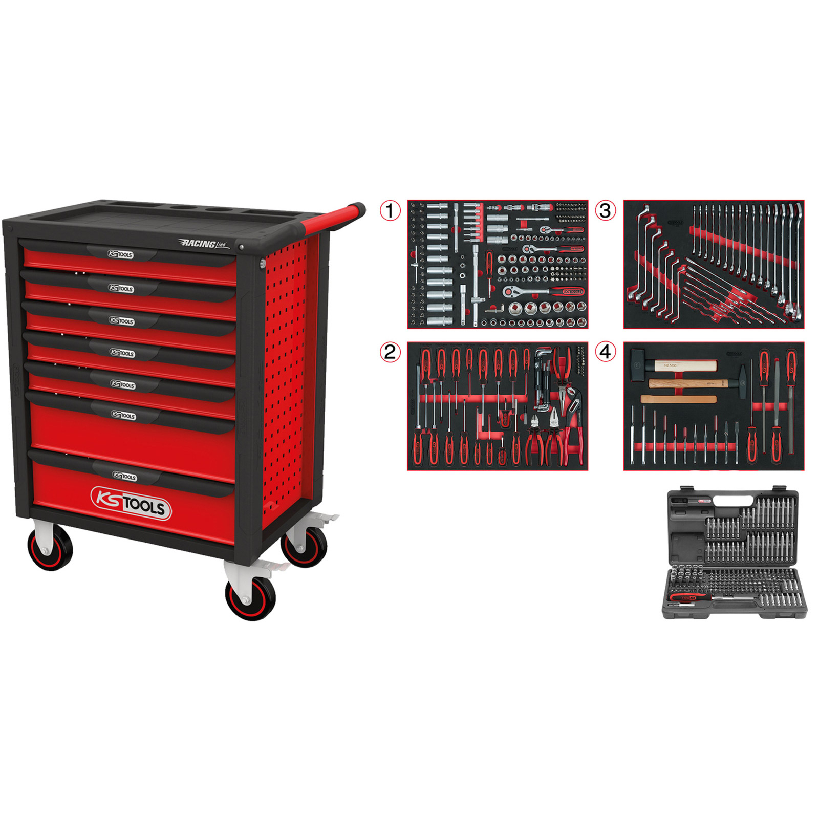 KS TOOLS Racingline schwarz/rot Werkstattwagen mit 7 Schubladen und 515 Premium-Werkzeugen - 826.7515