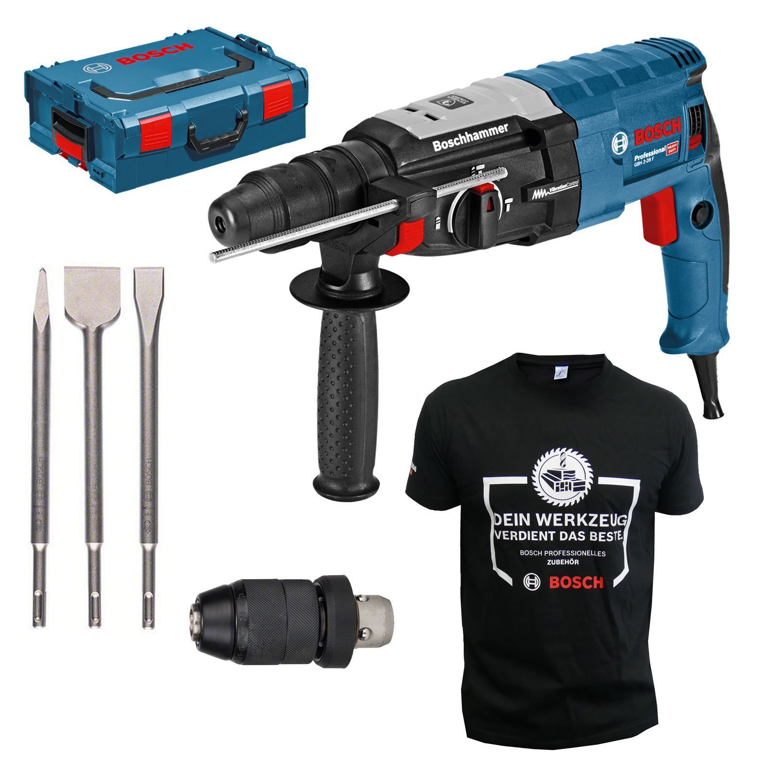 Bosch Bohrhammer GBH 2-28 F Professional mit SDS-plus in L-Boxx + 3-tlg. Bosch Meißel-Set + T-Shirt