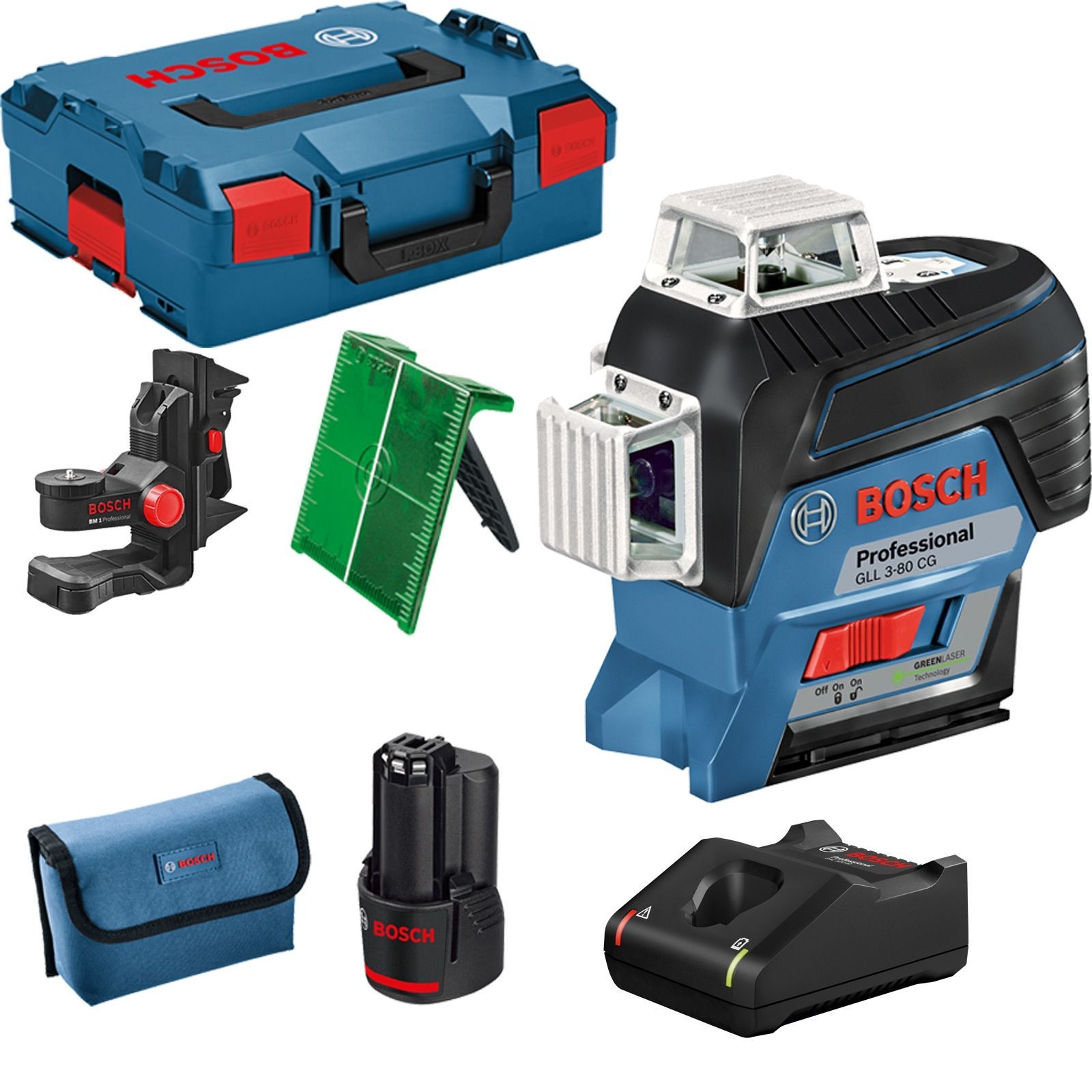 Bosch Linienlaser GLL 3-80 CG 12 V / 1x 2,0 Ah Akku + Ladegerät inkl. Zubehör-Set in L-Boxx - 0601063T00