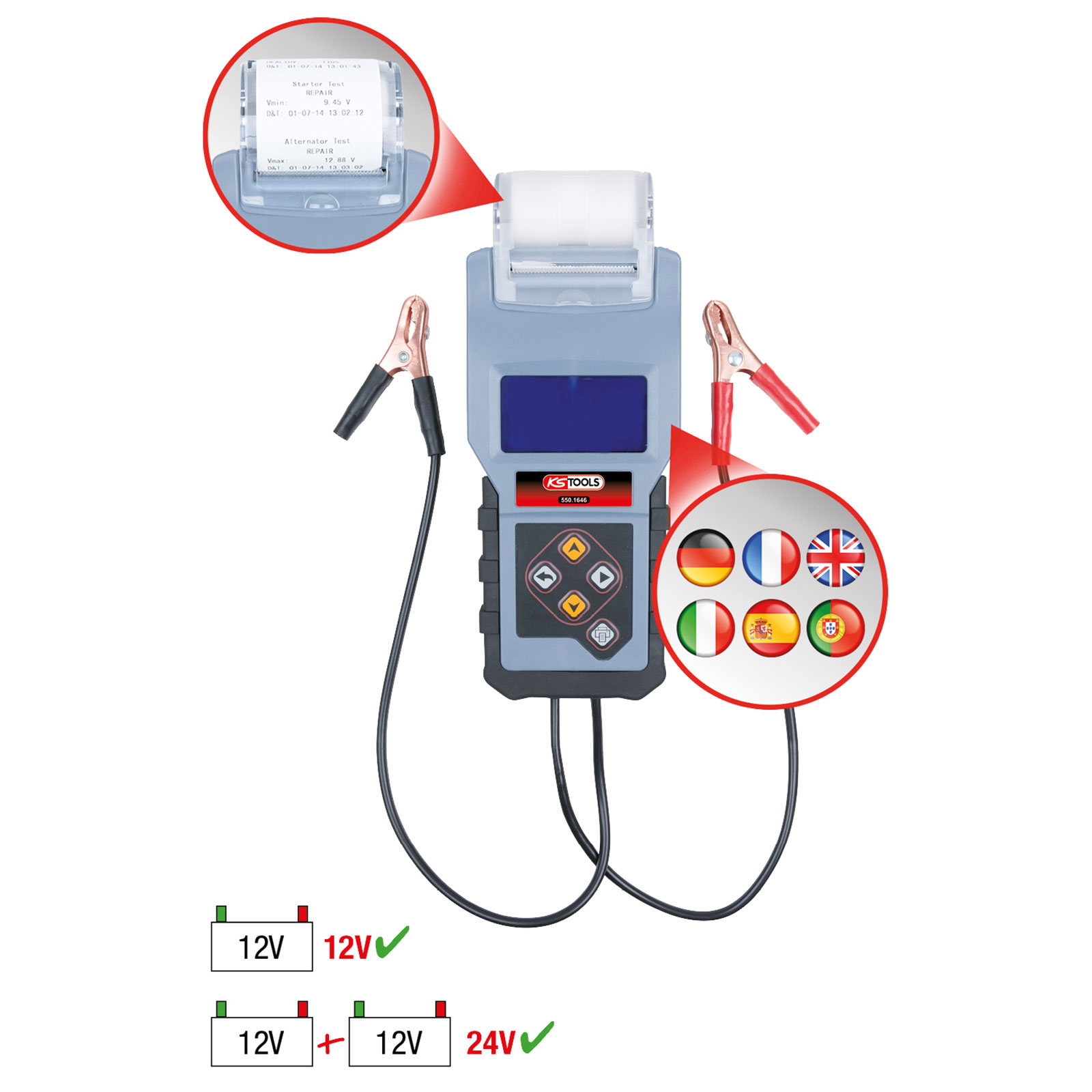 KS TOOLS 12V Digital-Batterie- und Ladesystemtester mit integriertem Drucker - 550.1646