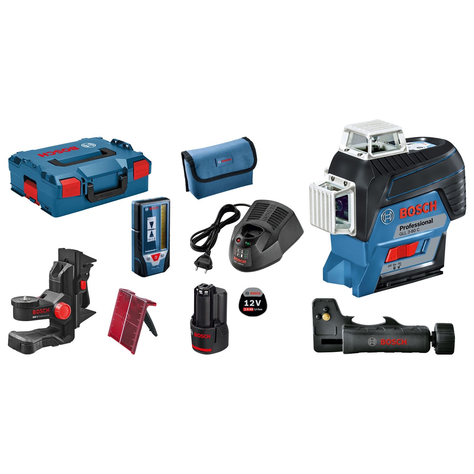 Bosch Linienlaser GLL 3-80 C 12 V / 1x 2,0 Ah Akku + Ladegerät inkl. Zubehör-Set in L-Boxx - 0601063R05