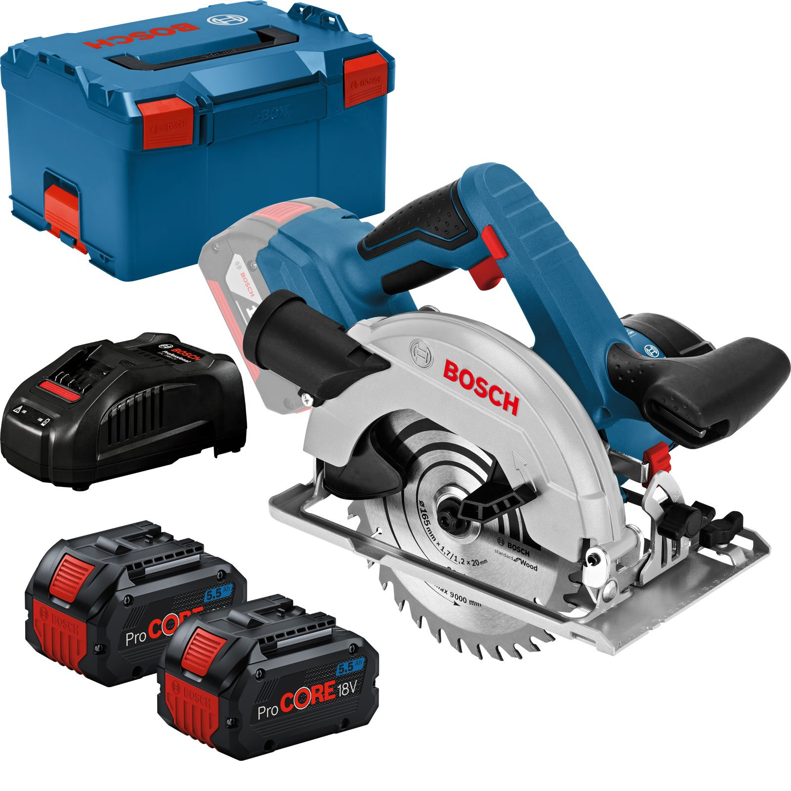 Bosch Akku-Kreissäge GKS 18V-57 G Ø 165 mm 2x 5,5Ah ProCORE18V Ladegerät Sägeblatt L-Boxx