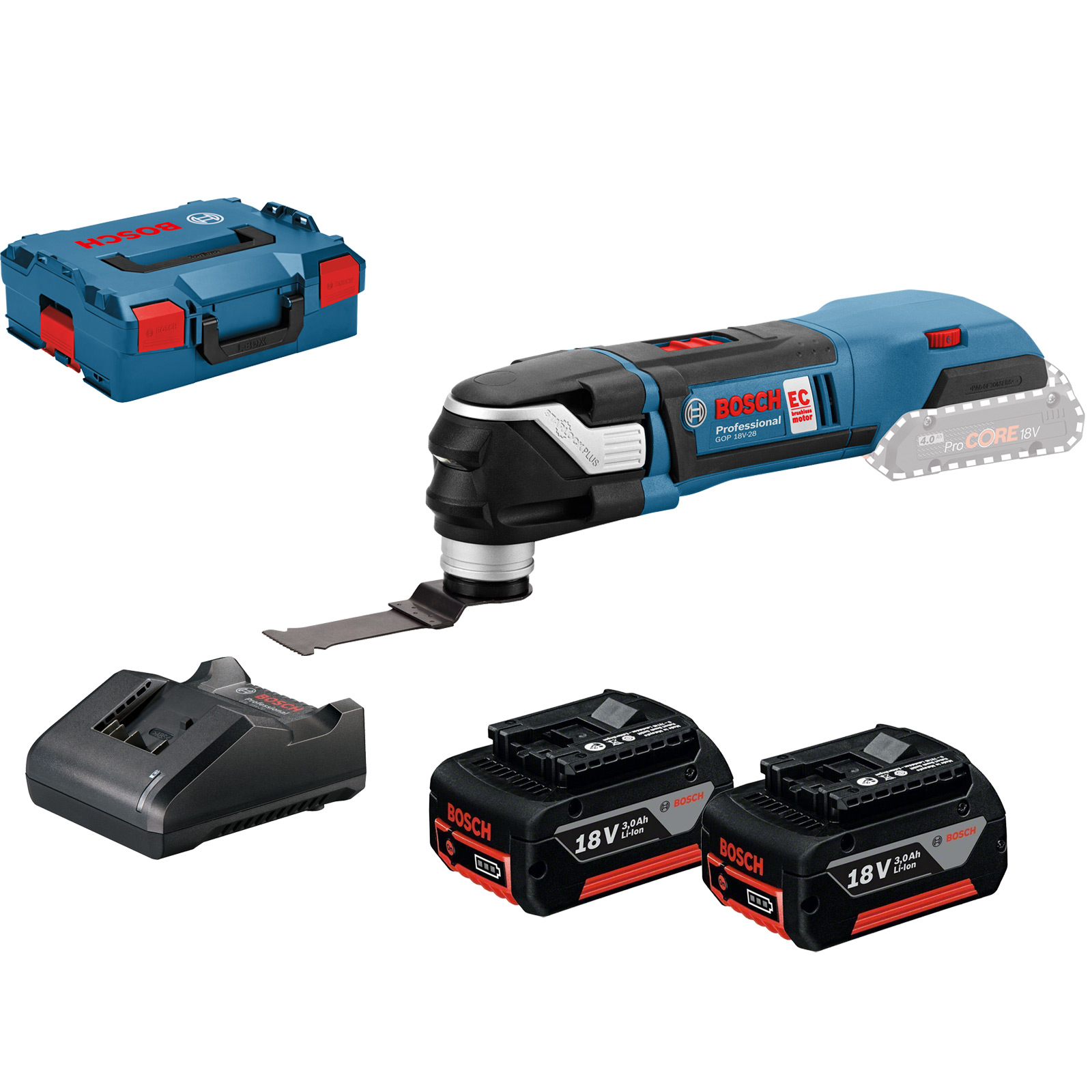 Bosch Akku-Multi-Cutter GOP 18V-28 / 2x 3,0 Ah Akku + Ladegerät in L-Boxx