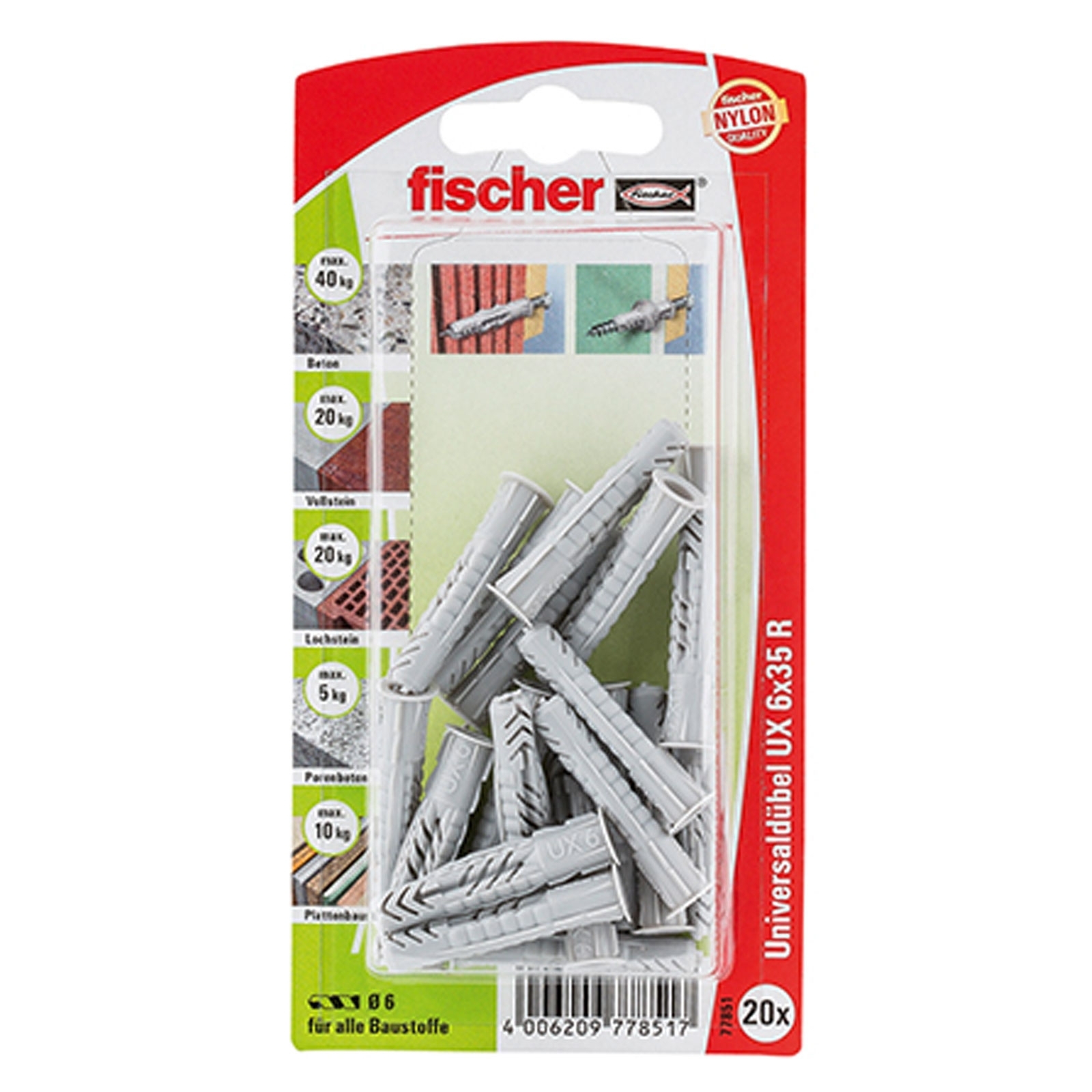 Fischer 20x Universaldübel UX 6 x 35 mm R mit Rand - 77851