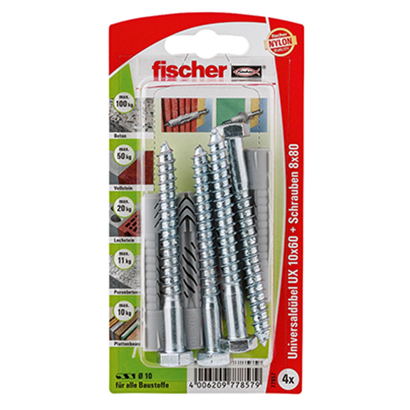 Fischer 4x Universaldübel UX 10 x 60 mm S mit Schraube - 77857