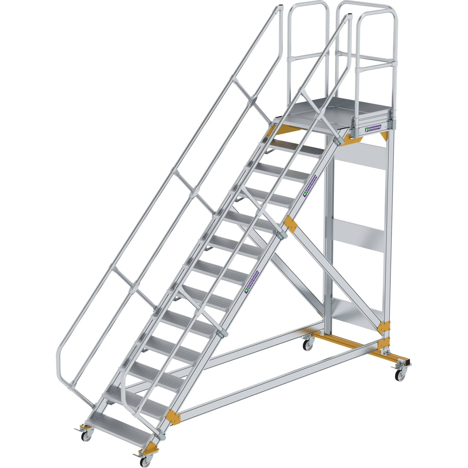 Günzburger Steigtechnik Plattformtreppe 45° fahrbar Stufenbreite 0,8 m 13 Stufen Aluminium geriffelt - 600793