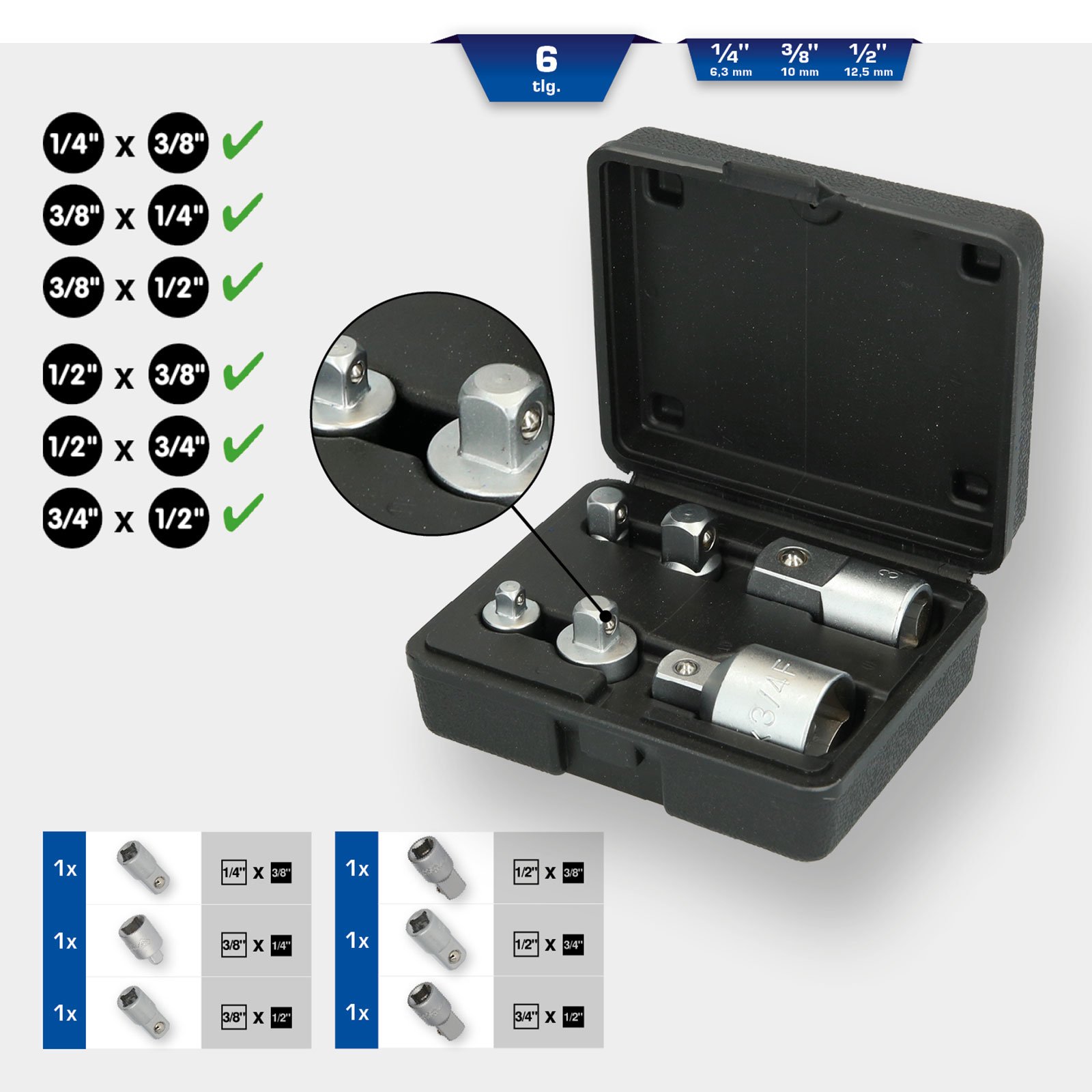 BRILLIANT TOOLS Adapter-Satz 6tlg. 1/4" + 3/8" + 1/2" + 3/4" - BT024006