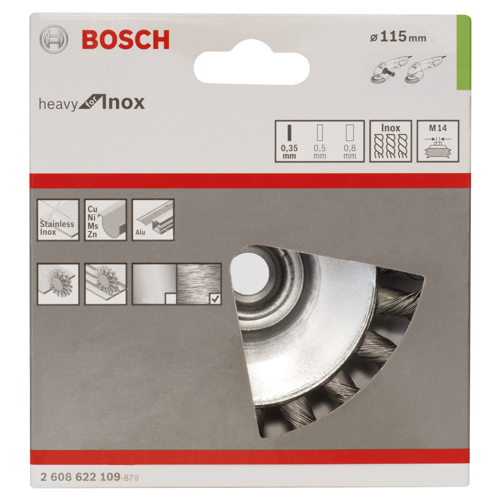 Bosch Kegelbürste gezopfter Draht rostfrei 0,35 mm 115 mm 12500 U/min M 14 - 2608622109