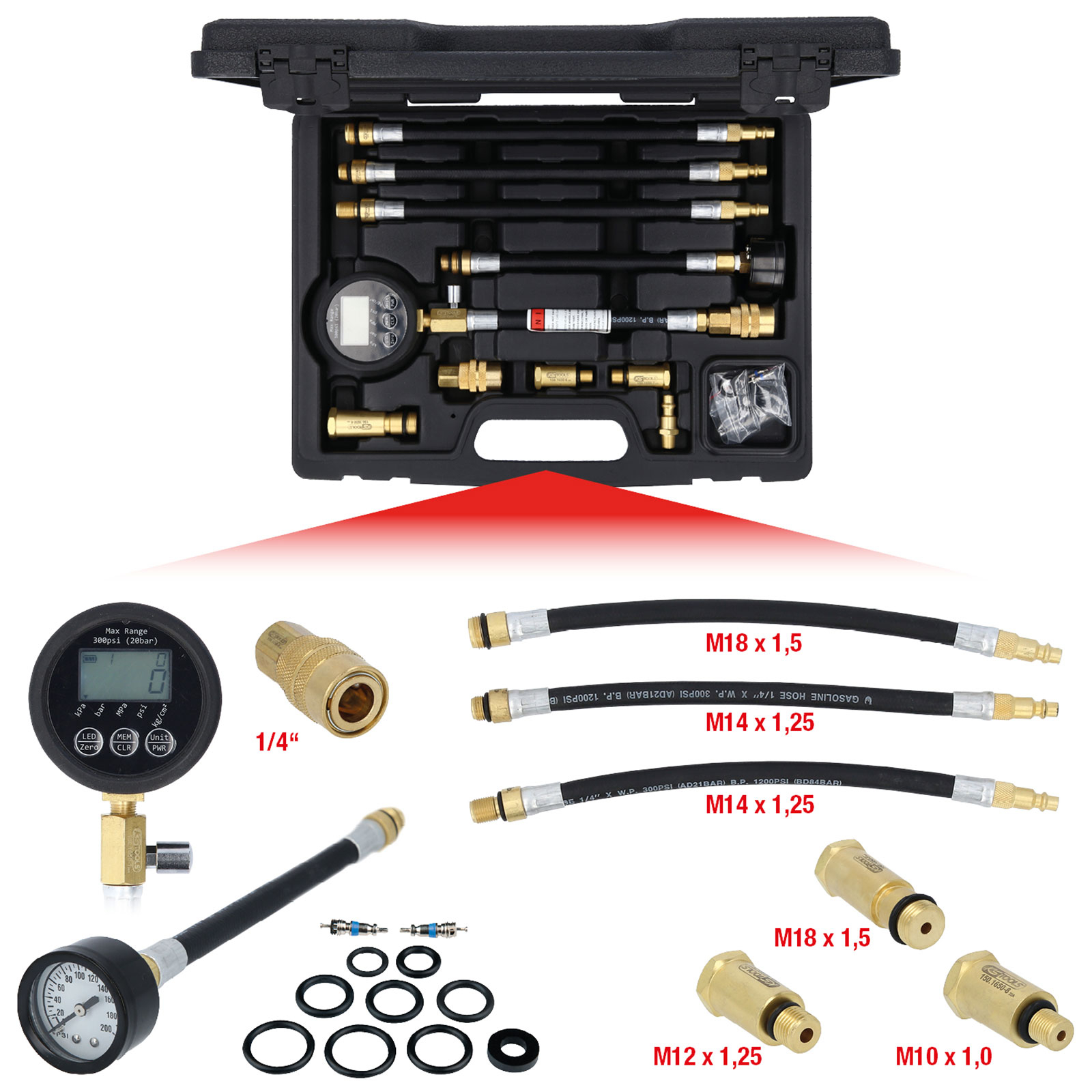 KS TOOLS Digitales Kompressions-Druckprüfgerät 10tlg. - 150.1650