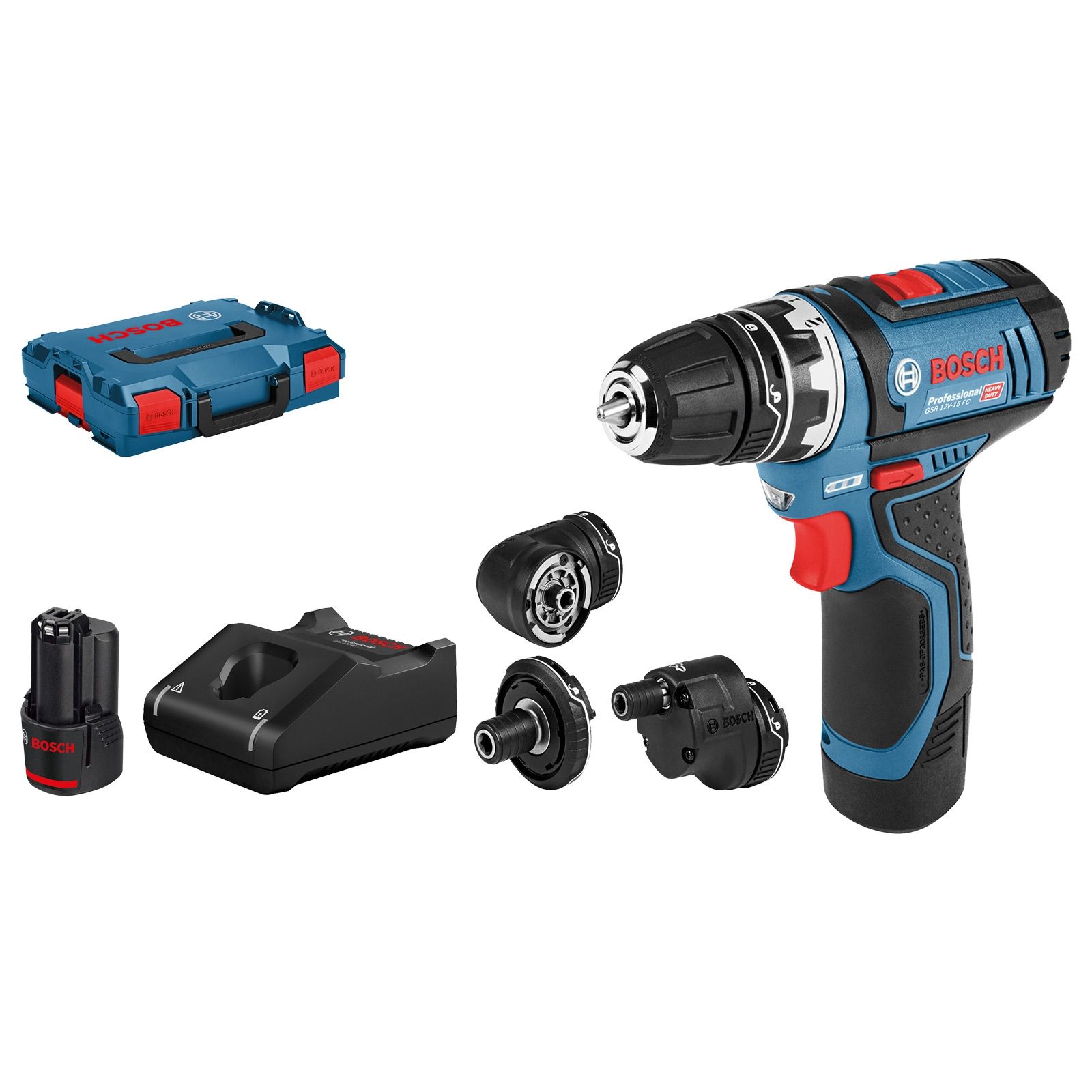 Bosch Akku-Bohrschrauber GSR 12V-15 FC FlexiClick / 2x 2,0 Ah Akku + Ladegerät inkl. Zubehör in L-Boxx - 06019F6000