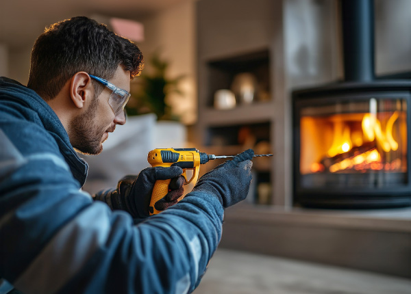 Handwerker bohrt mit Bohrmaschine vor dem Kamin
