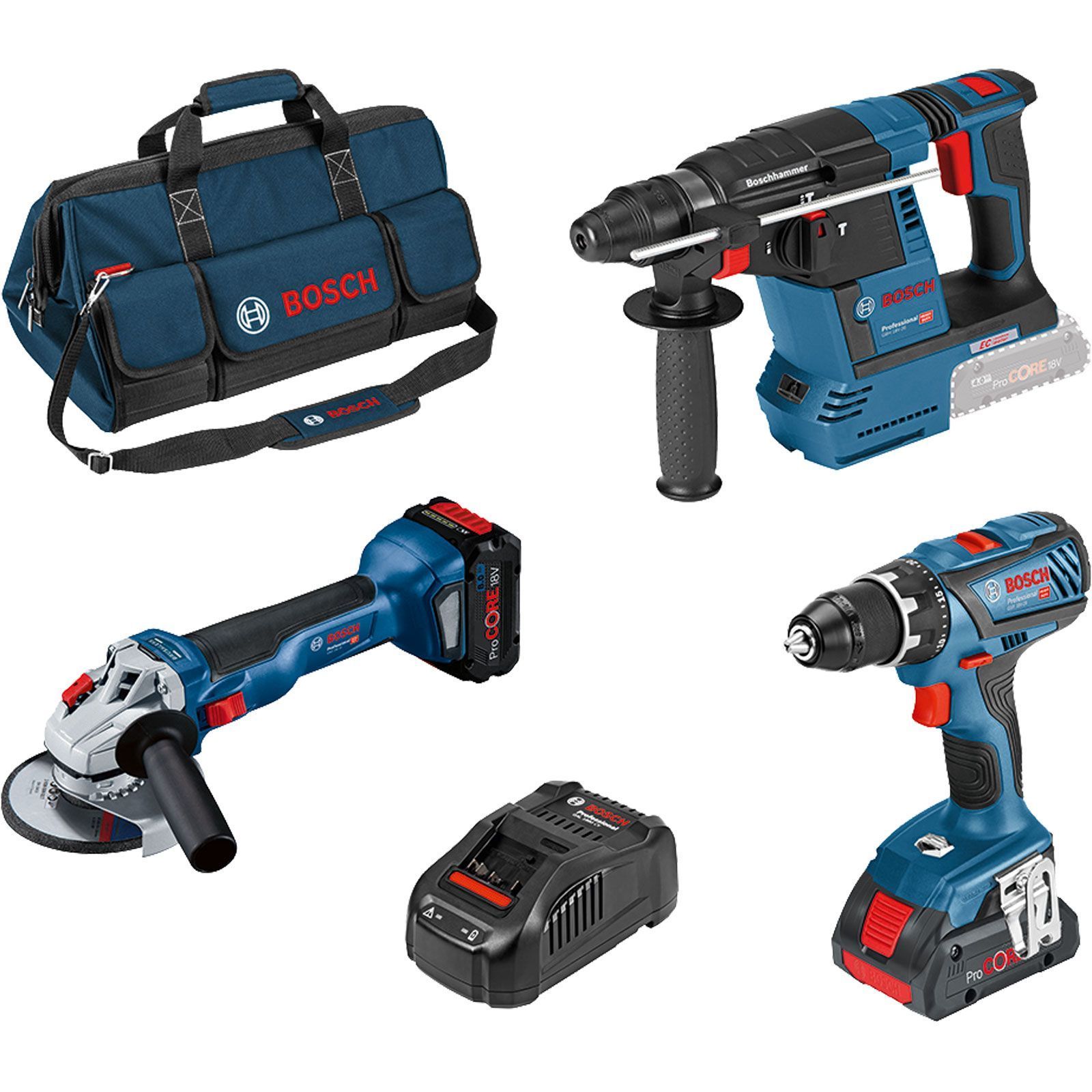 Bosch GSR 18V-28 + GWS 18V-10 + GBH 18V-26 / 1x 4,0 Ah ProCORE18V Akku + 1x 8,0 Ah ProCORE18V Akku + Ladegerät in Tasche - 0615990M3C