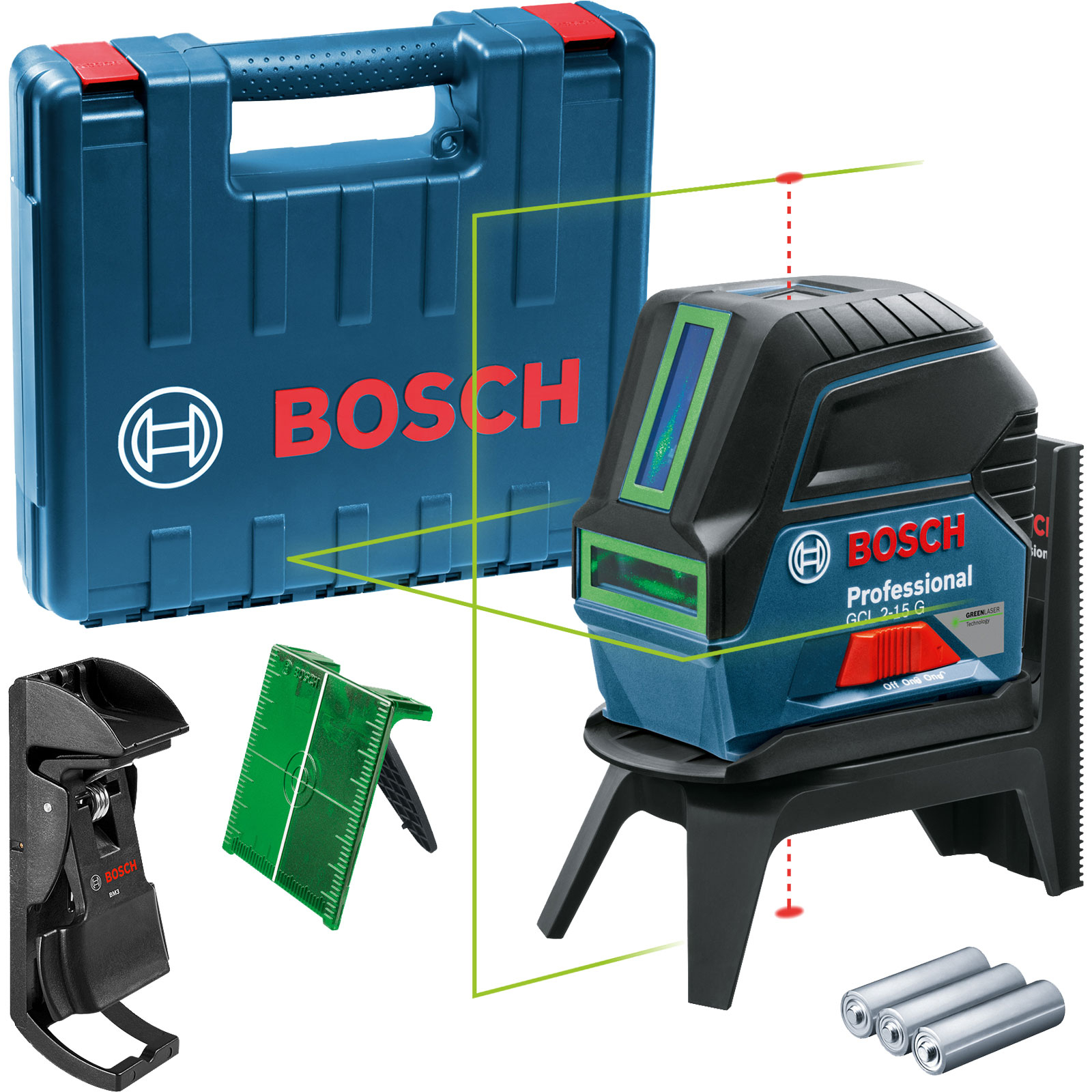 Bosch Kombilaser GCL 2-15 G / 3x 1,5 V-LR6-Batterie inkl. Deckenklemme + RM 1 + Laserzieltafel in Koffer - 0601066J00