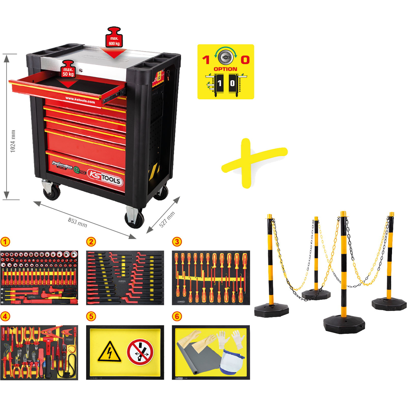 KS TOOLS PERFORMANCEplus Werkstattwagen e10 mit 164 isolierten Werkzeugen für Hybrid- und Elektrofahrzeuge - 117.6155