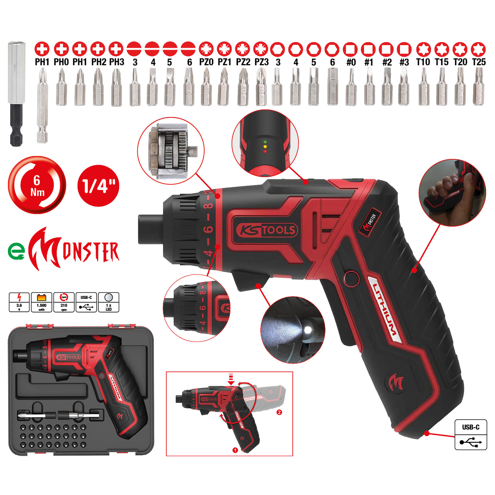 KS TOOLS eMONSTER 1/4“ Akku-Bit-Schrauber-Satz, 27-tlg. - 515.6500