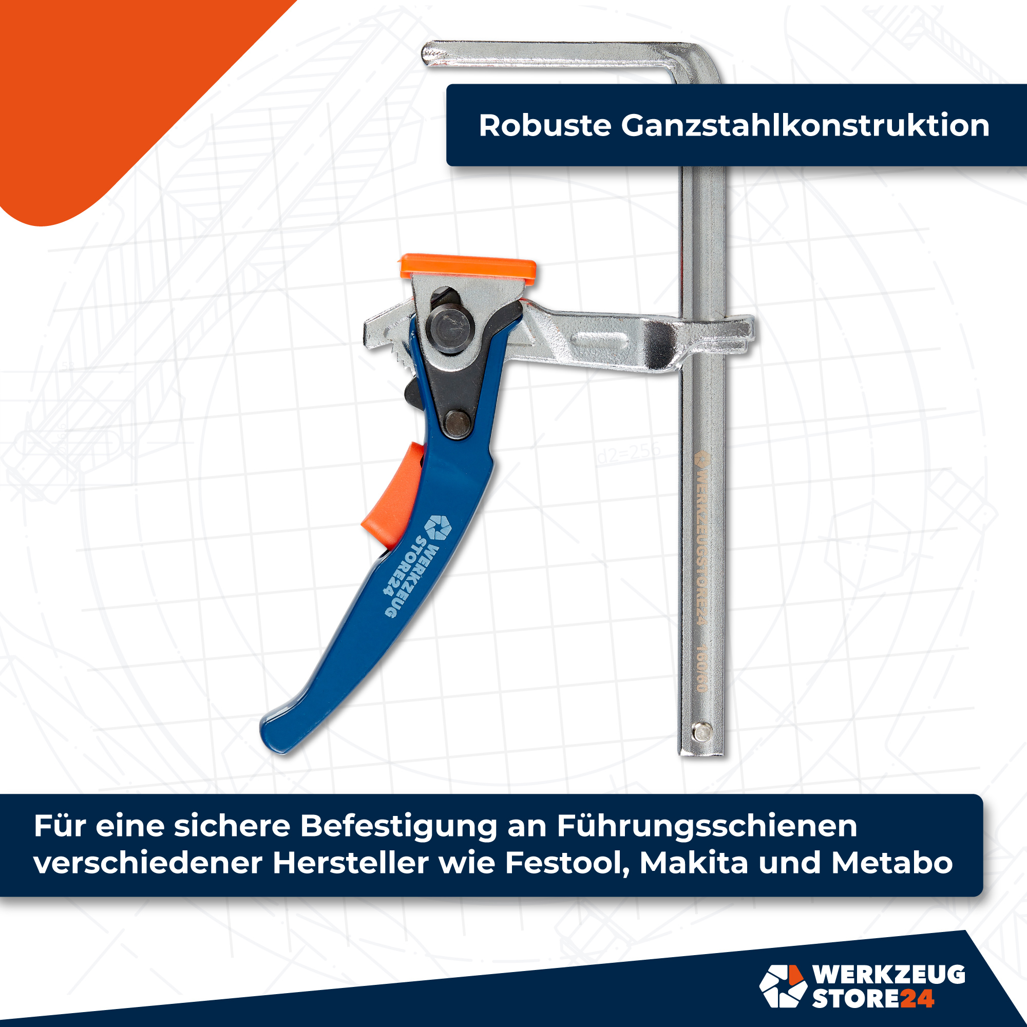 WS24 Einhandhebelzwinge Ganzstahl 160 / 60  für Führungsschiene - WS24-100075