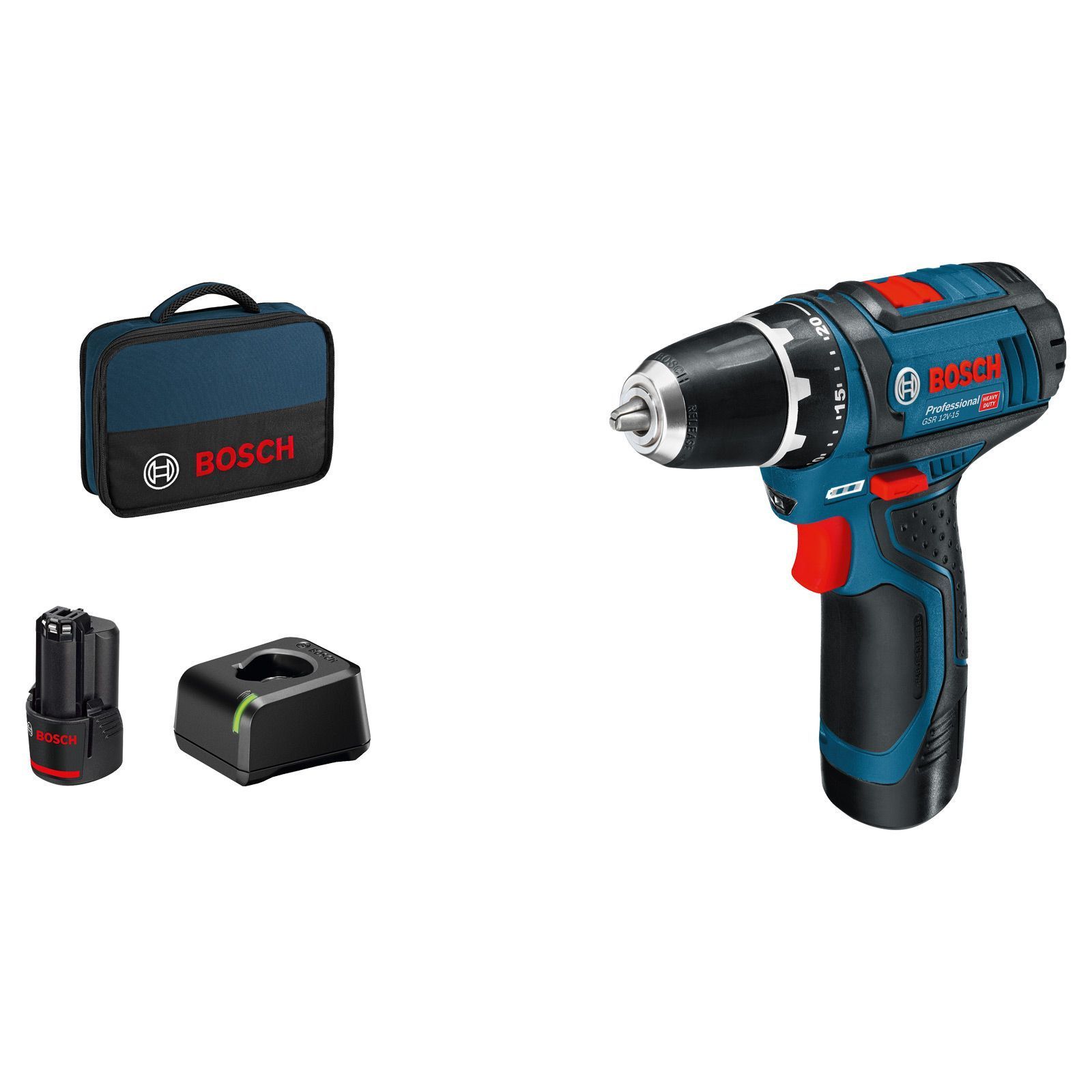 Bosch Akku-Bohrschrauber GSR 12V-15 / 2x 2,0 Ah Akku + Ladegerät in Softbag - 060186810F