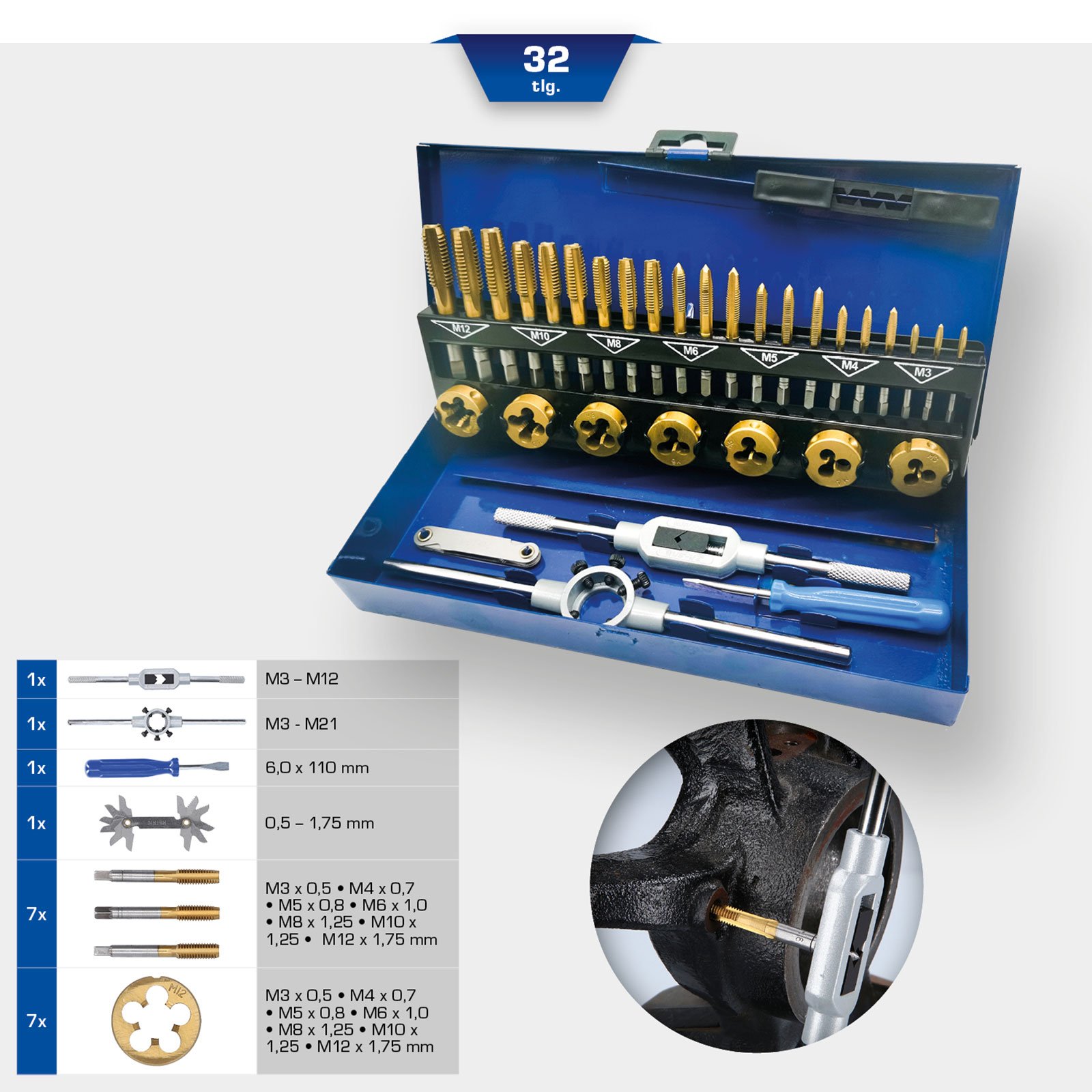 BRILLIANT TOOLS TiN Gewindeschneidwerkzeug-Satz 32tlg. - BT101950