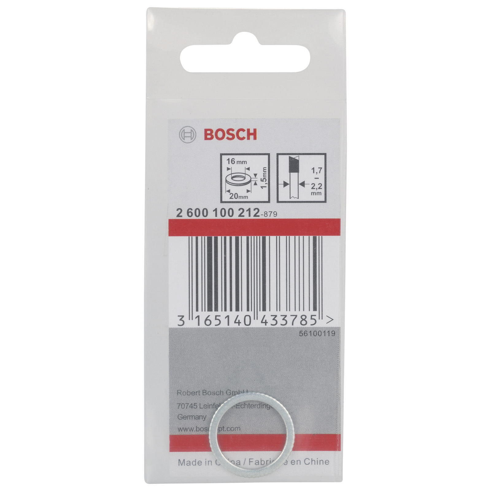 Bosch Reduzierring für Kreissägeblätter, 20 x 16 x 1,5 mm - 2600100212