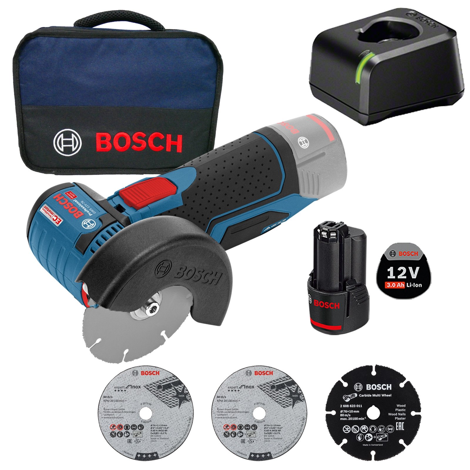 Bosch Akku-Winkelschleifer GWS 12V-76 Ø 76 mm / 1x 3,0 Ah Akku + Ladegerät im Softbag