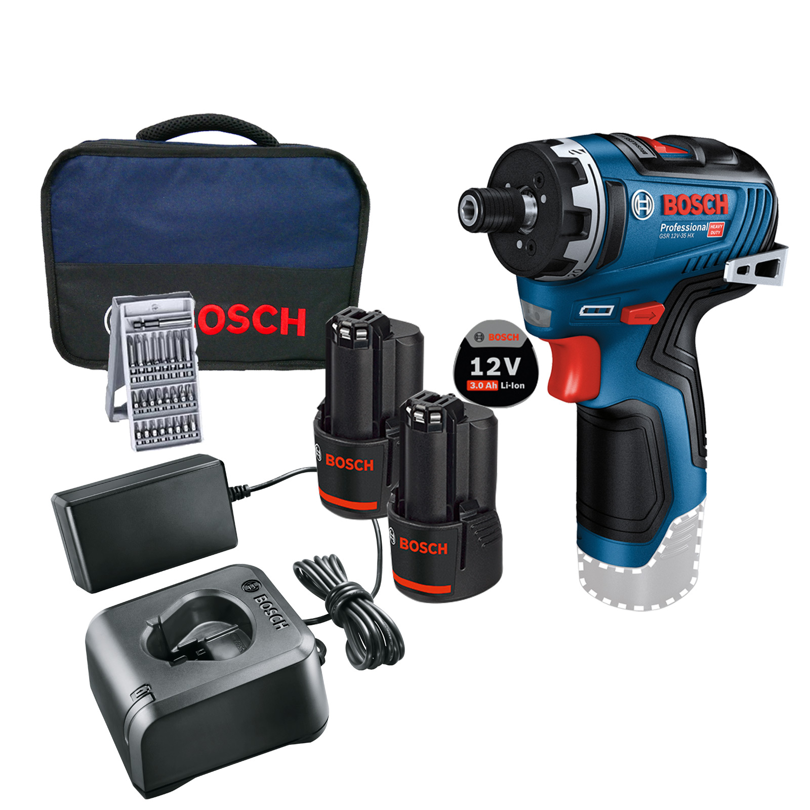 Bosch Akku-Schrauber GSR 12V-35 HX 12 V / 2x 3,0 Ah Akku + Ladegerät inkl. Zubehör-Set im Softbag