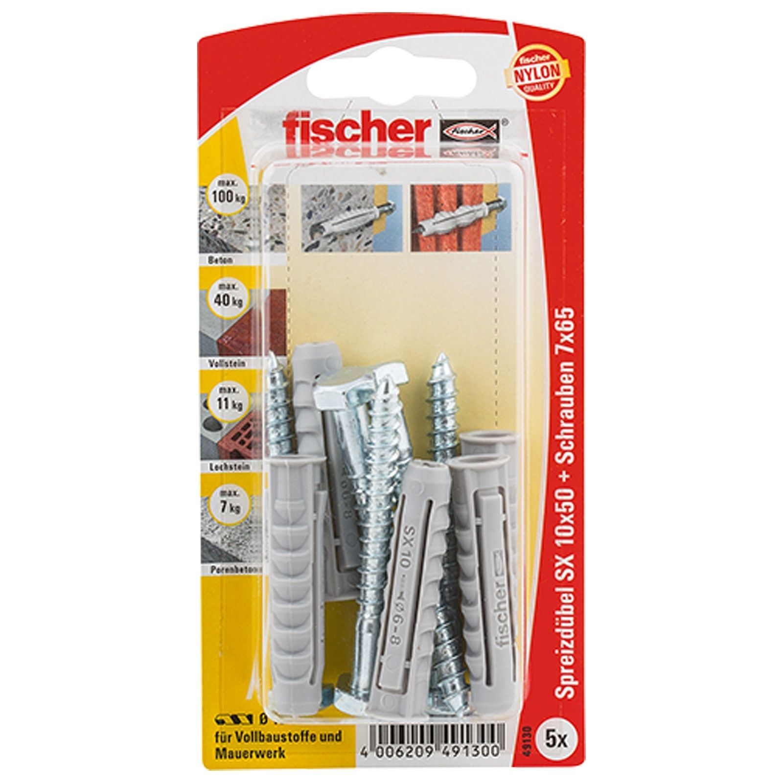 Fischer 5x Dübel SX 10x50 S mit Schraube - 49130 Auslauf